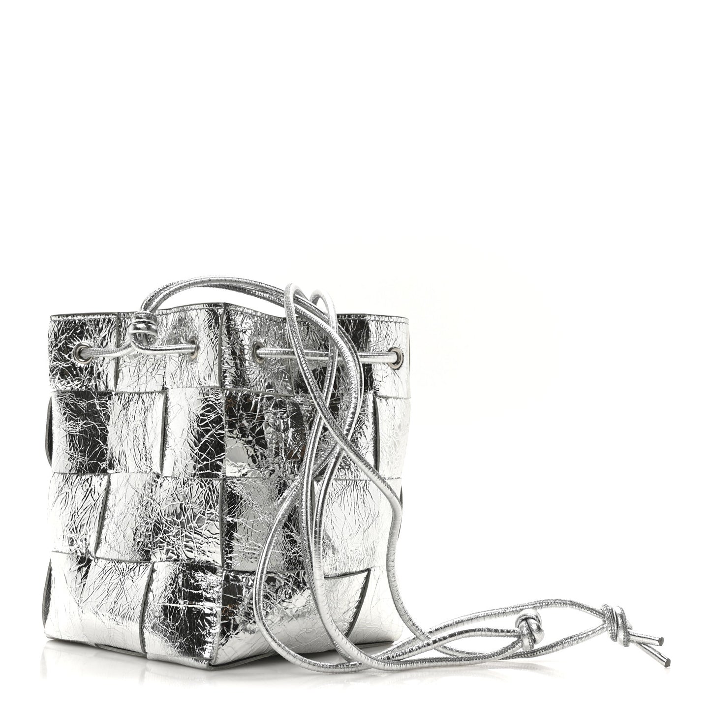 Metallic Crinkled Lambskin Maxi Intrecciato Cassette Bucket Bag Silver