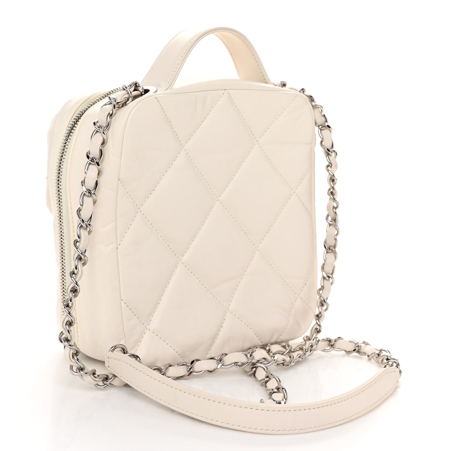 Aged Calfskin Quilted Top Handle Camera Case White