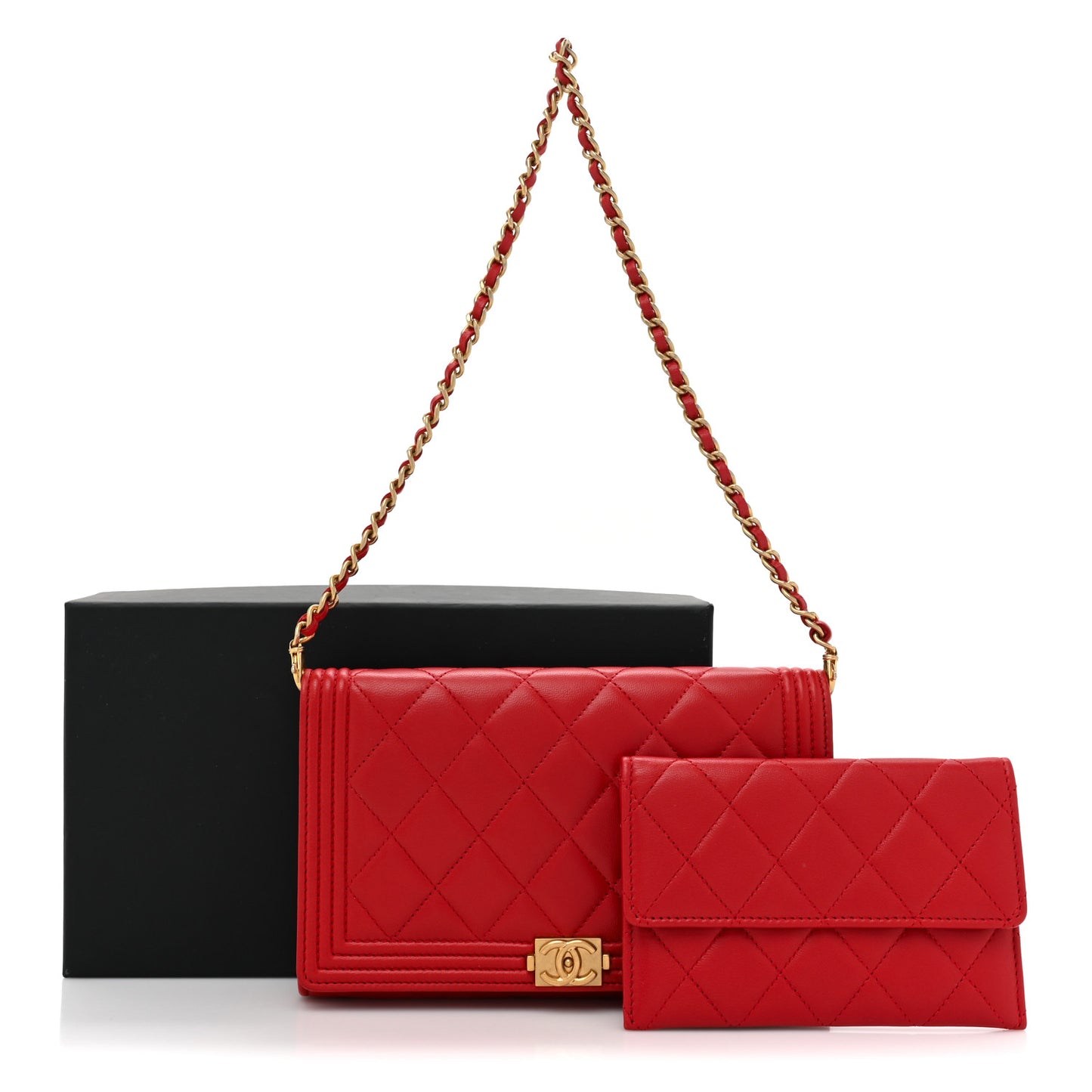Lambskin Quilted Boy Wallet On Removable Chain WOC Red