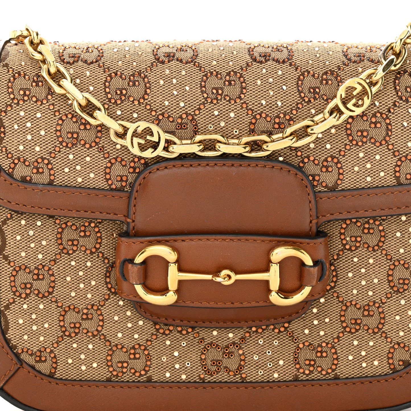 Canvas Calfskin Crystal GG Monogram Mini Horsebit 1955 Shoulder Bag Camel Ebony