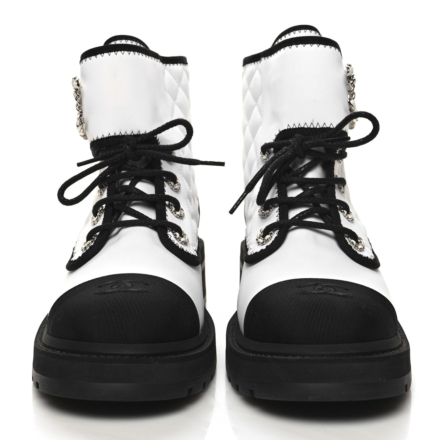 Fabric Grosgrain Quilted Cap Toe Lace Up Combat Boots 41 White Black