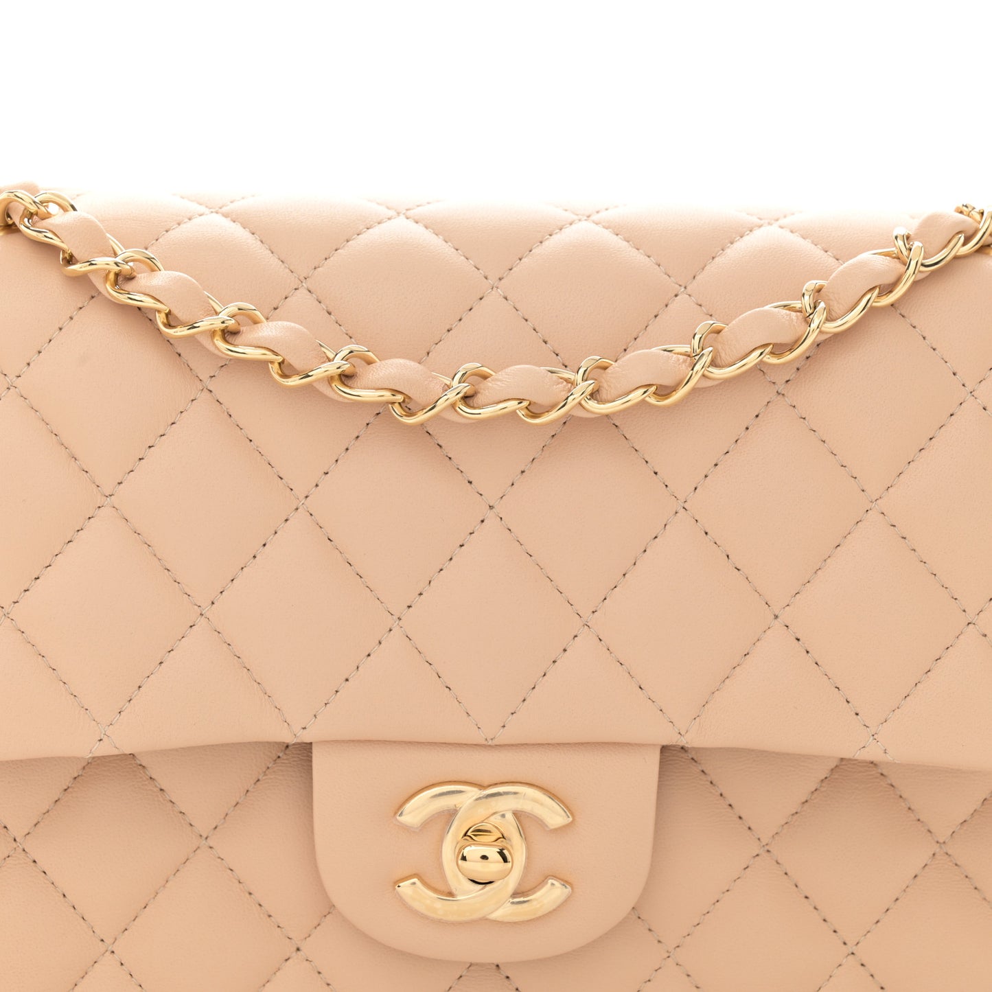 Lambskin Quilted Medium Double Flap Beige
