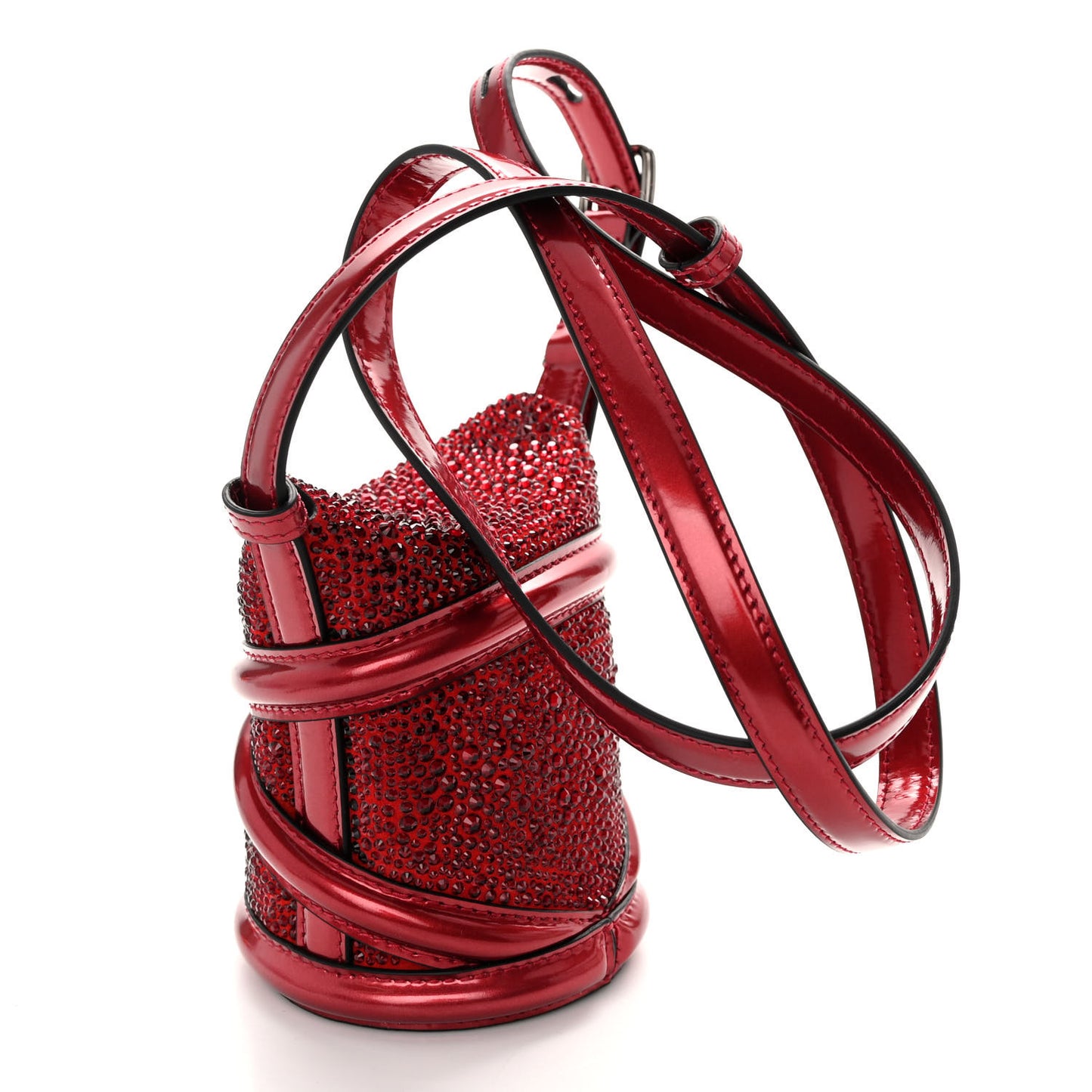 Metallic Calfskin Crystal Micro Curve Bucket Bag Red