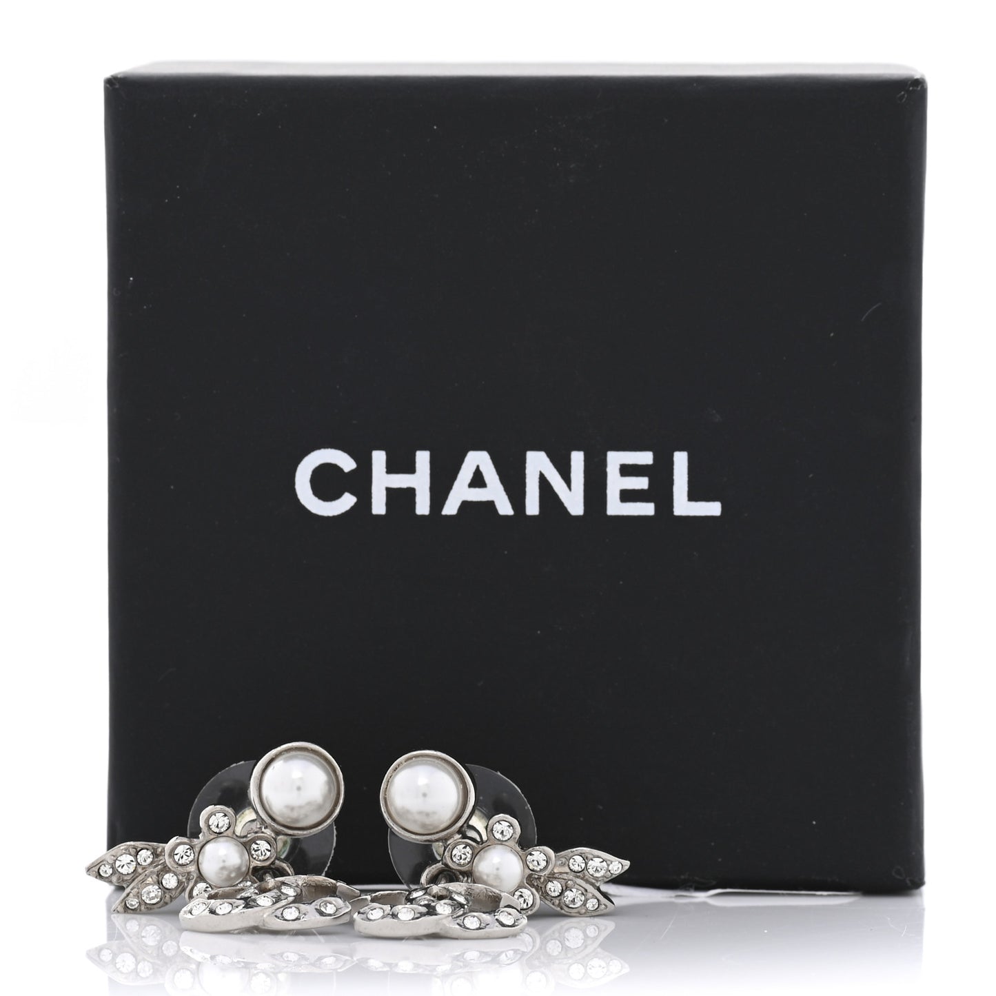 Crystal Pearl CC Leaf Earrings Silver