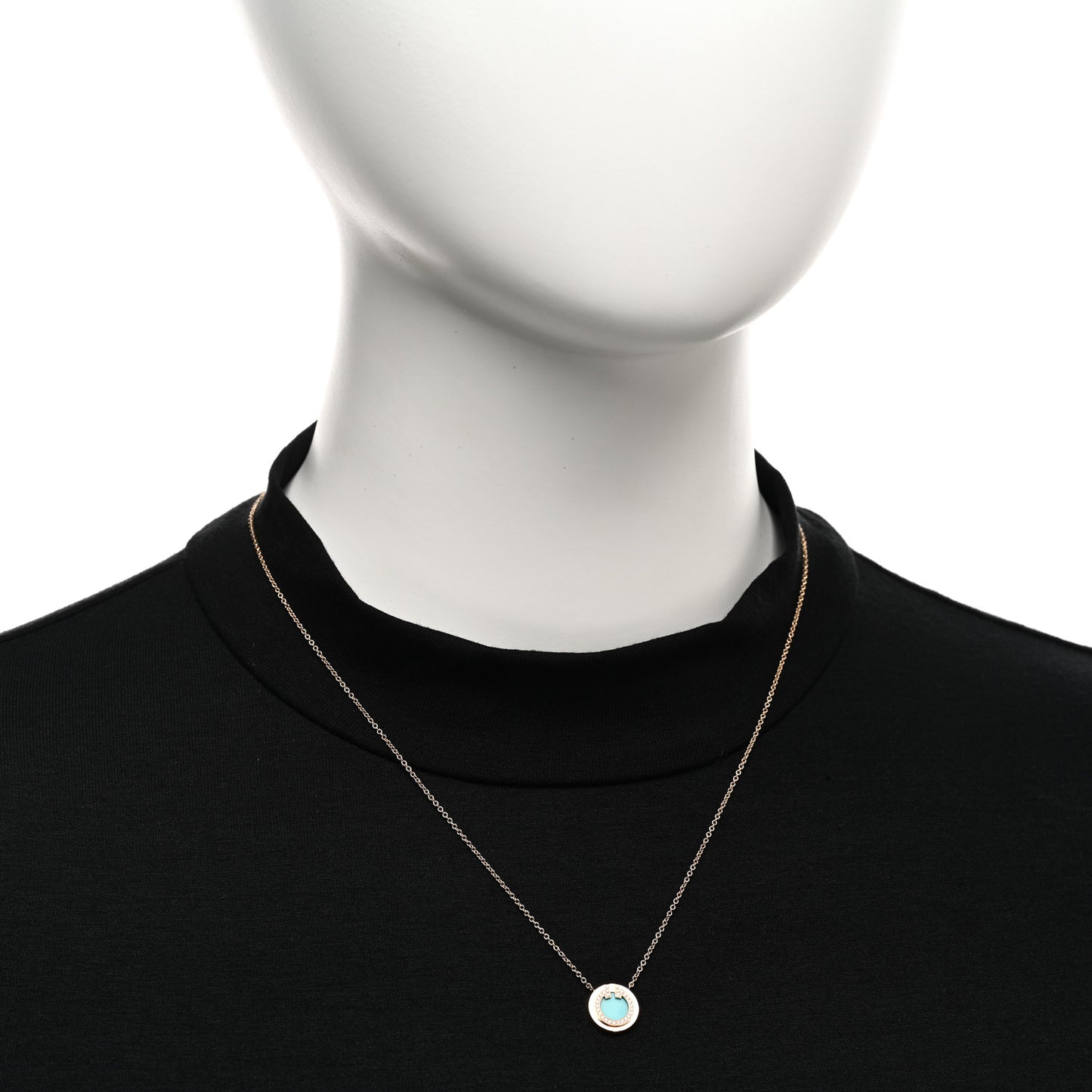 18K Rose Gold Diamond Turquoise Small T Circle Pendant Necklace