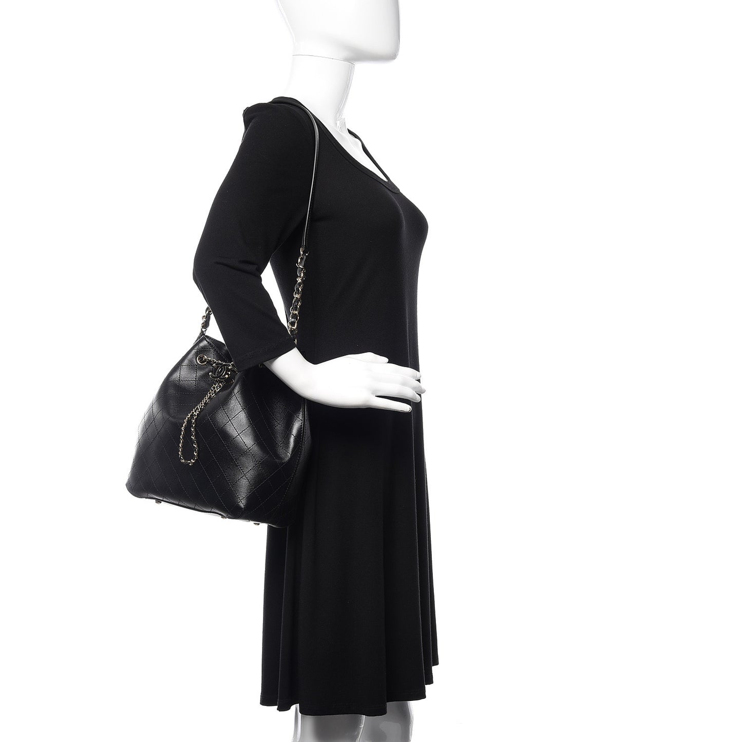 Calfskin Stitched Drawstring Bag Black