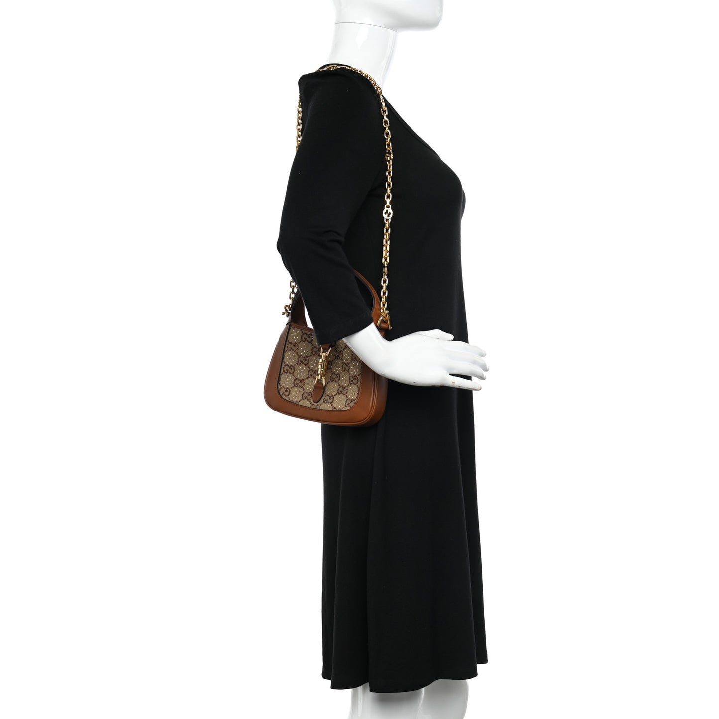 New Canvas Charisma Calfskin Crystal GG Monogram Mini Jackie 1961 Hobo Camel Ebony