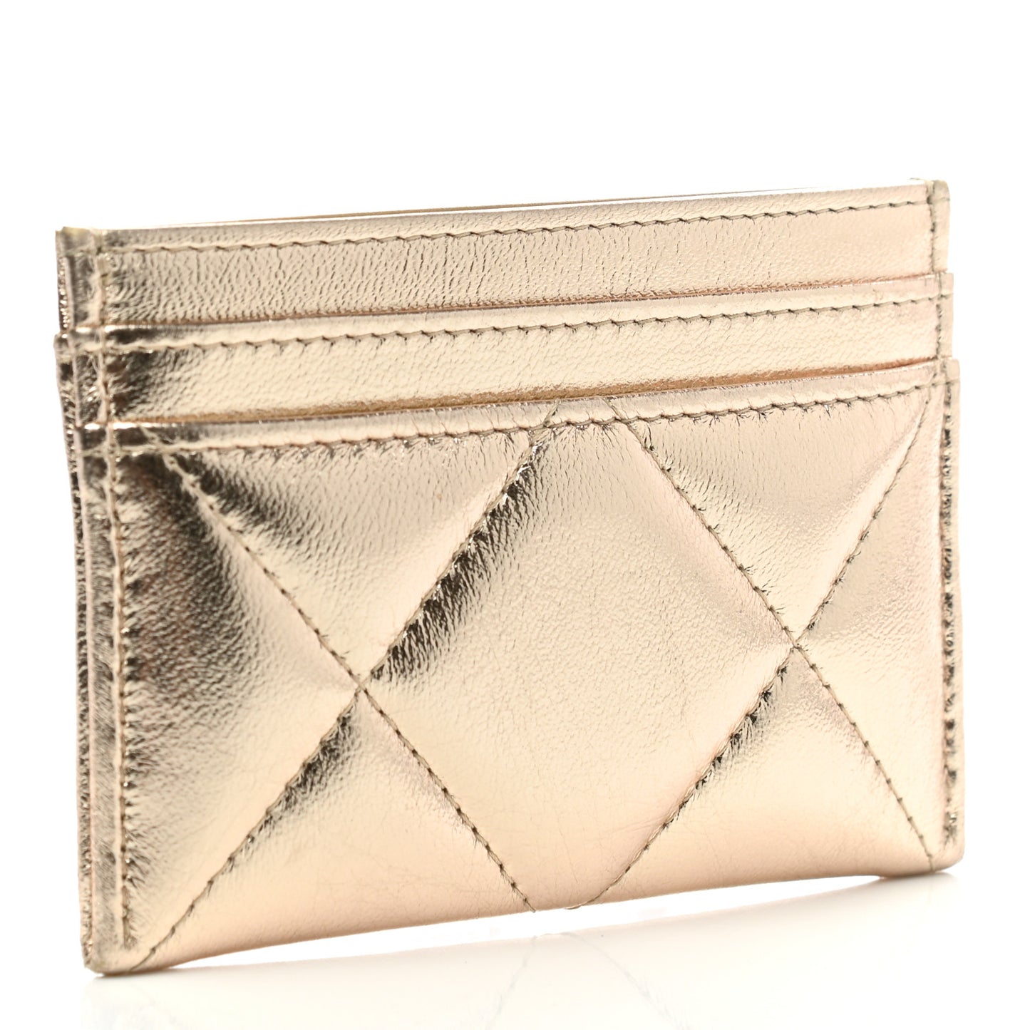 Metallic Lambskin Quilted Chanel 19 Card Holder Gold