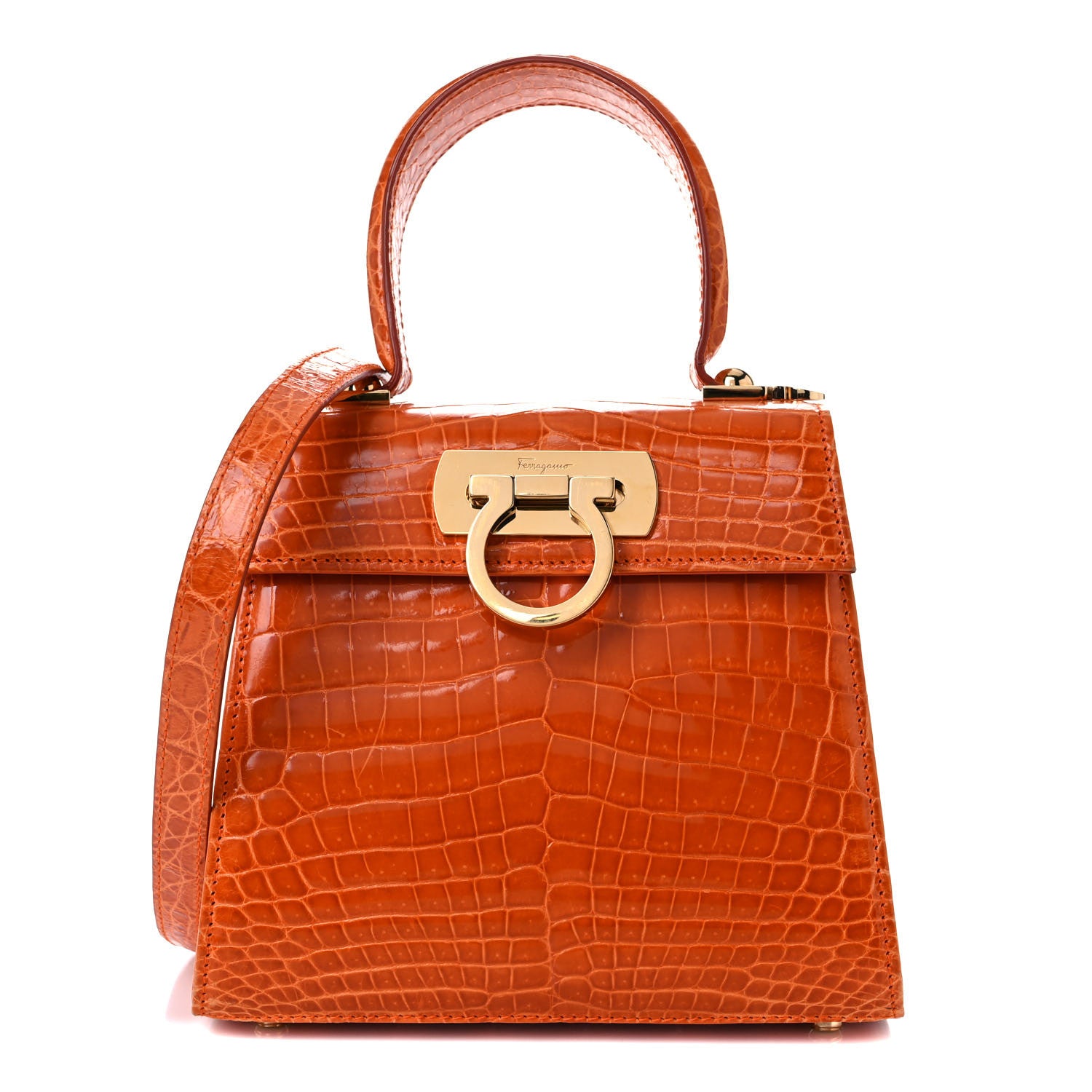 Salvatore Ferragamo Crocodile Gancini 2-Way Top Handle Bag Orange