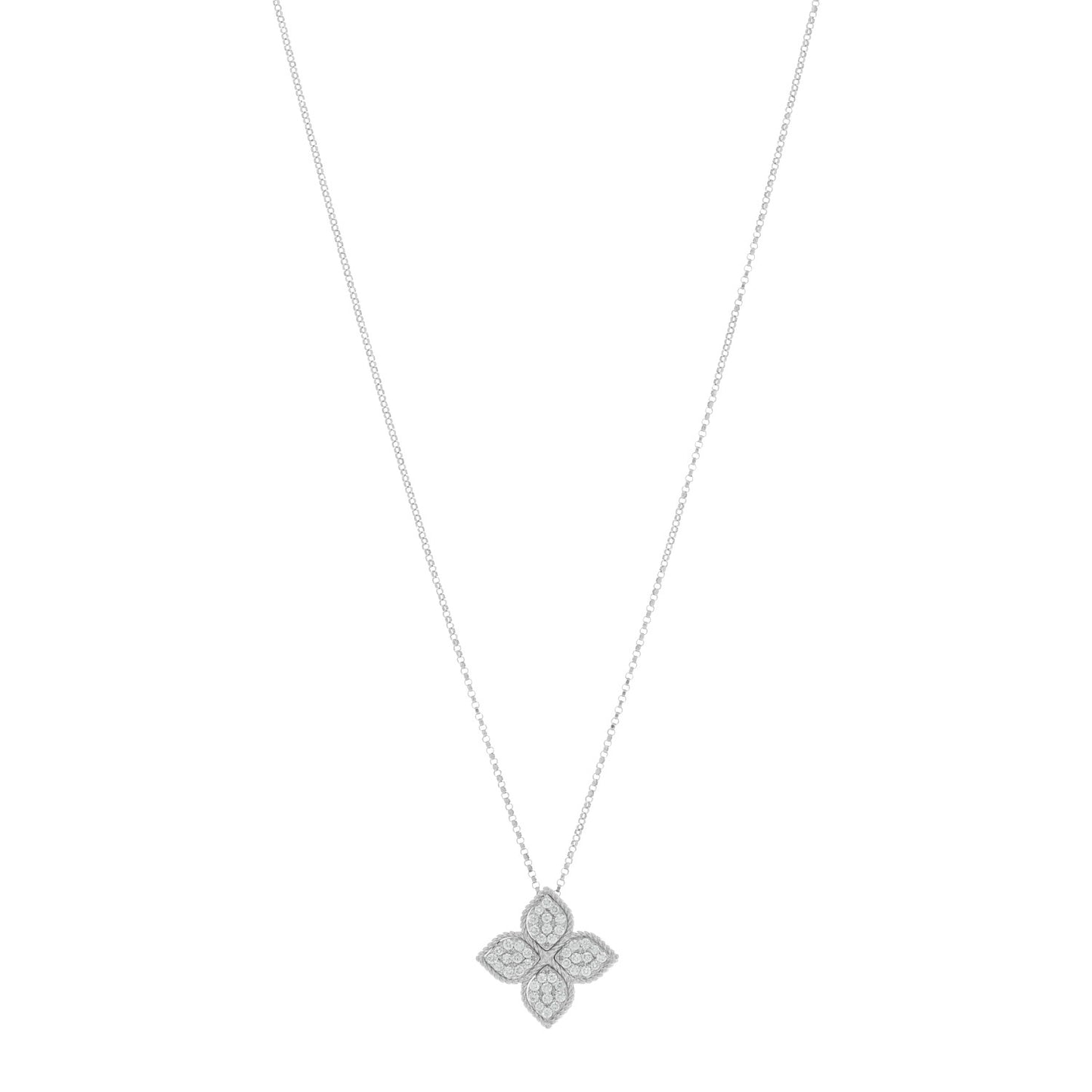 18K White Gold Diamond Large Venetian Princess Flower Pendant Necklace