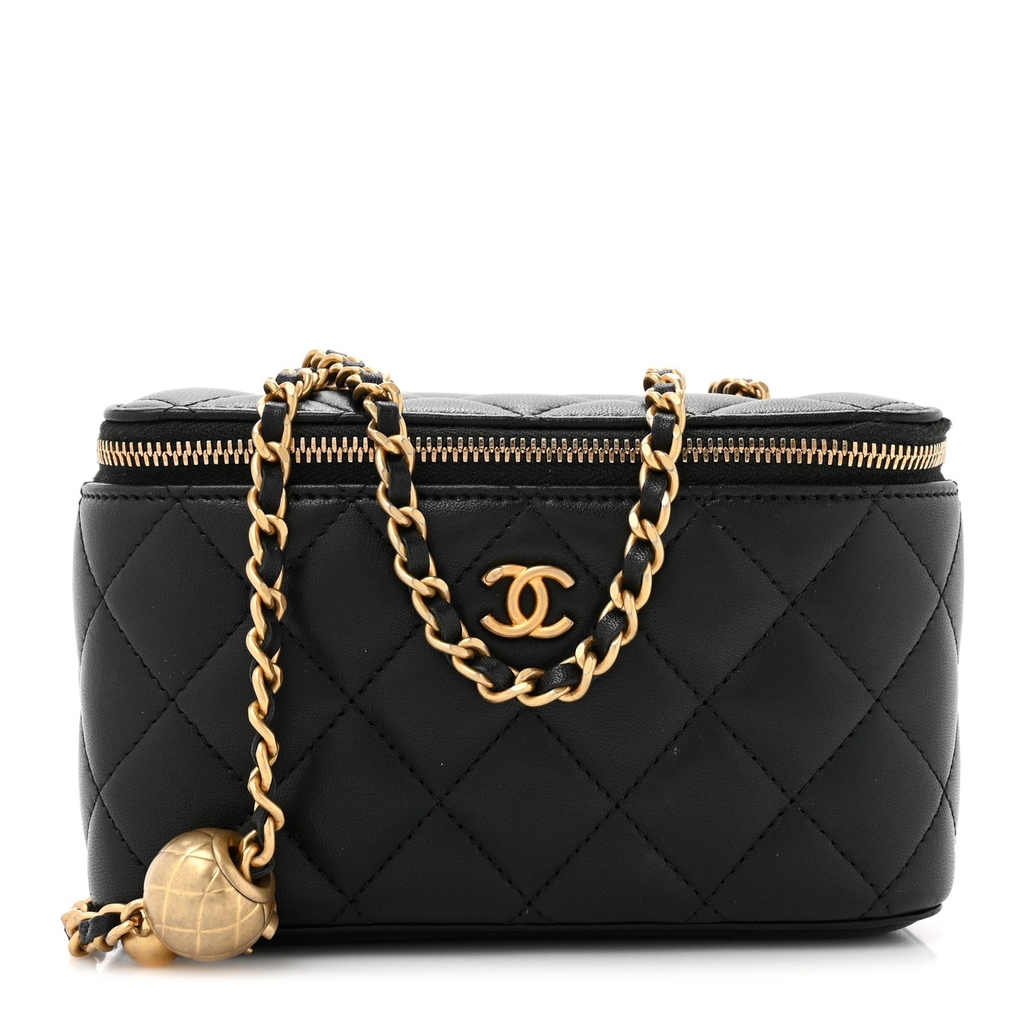 Lambskin Quilted Pearl Crush Small Vanity Case With Chain Black