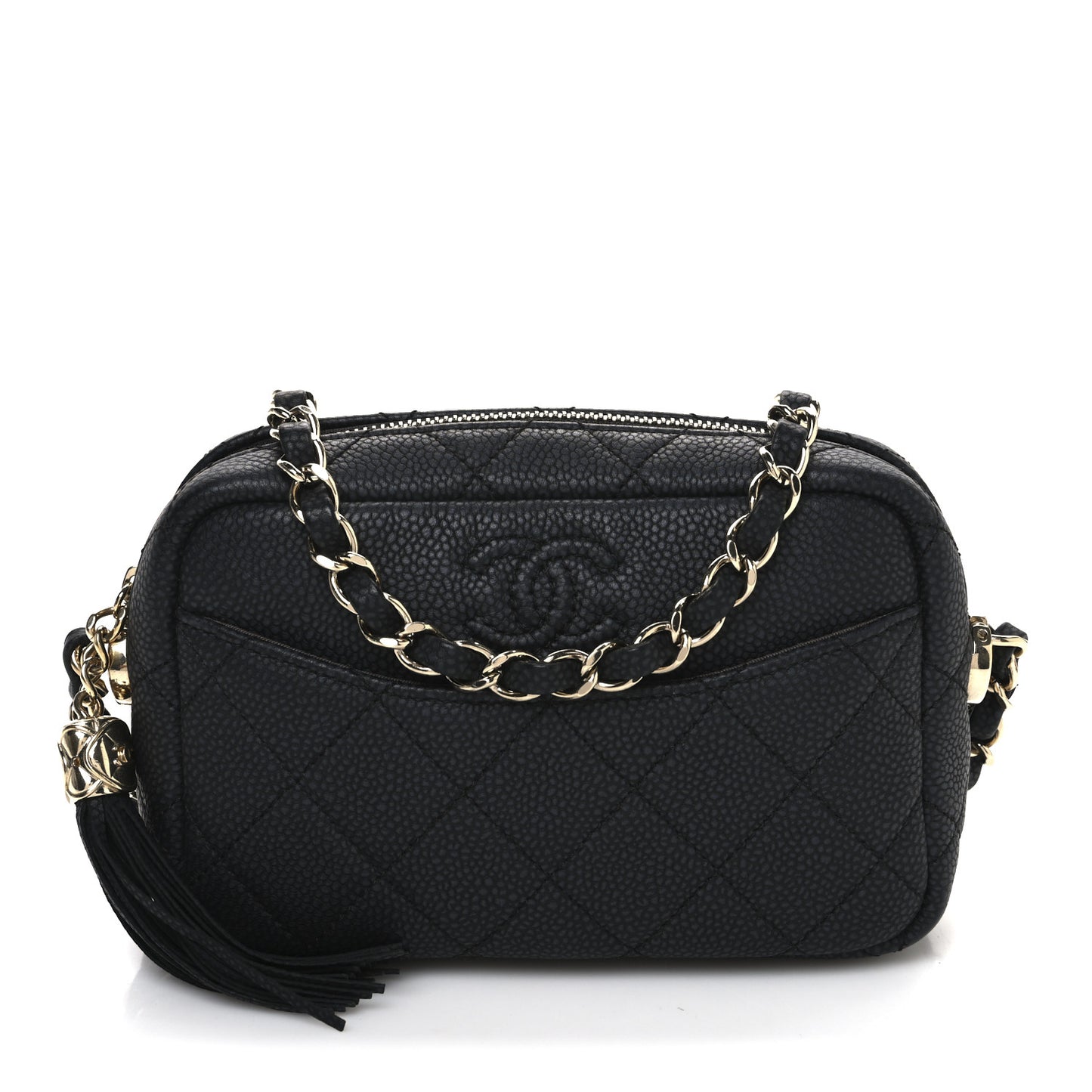 Caviar Flat Quilted Mini Coco Tassel Camera Case Black