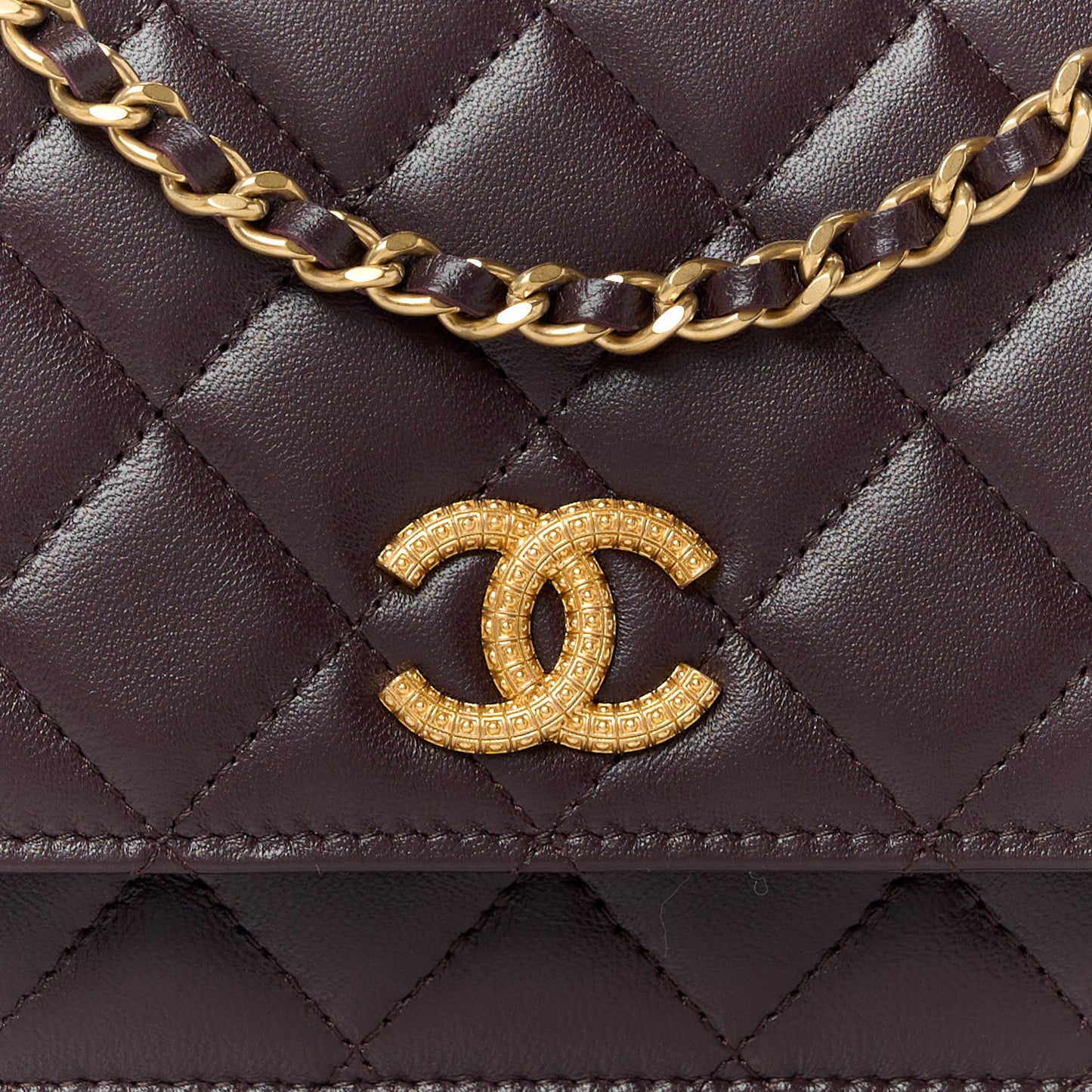 Lambskin Quilted Studded CC Wallet On Chain WOC Brown