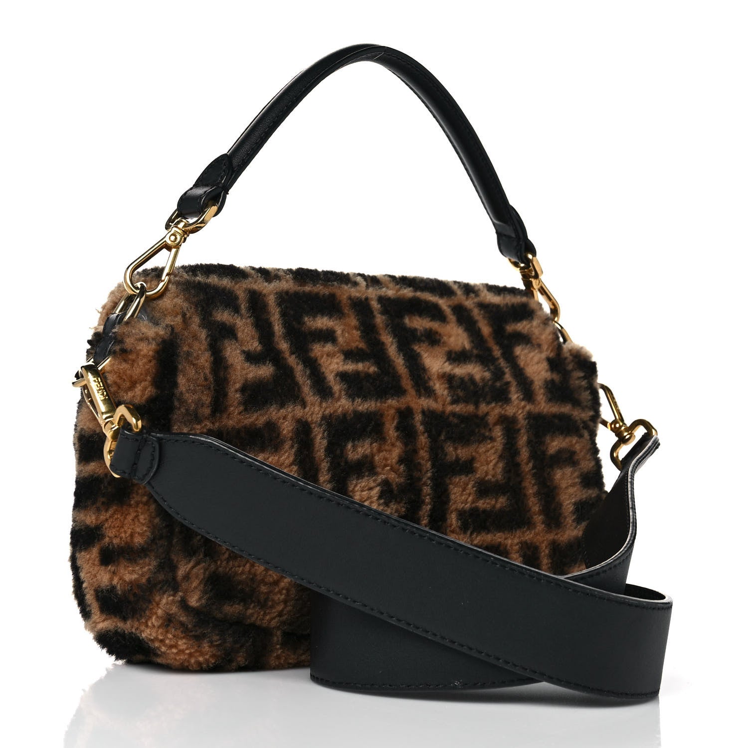 Fendi Shearling Vitello Dolce Macro FF 1974 Baguette Tobacco Black 3 of 9