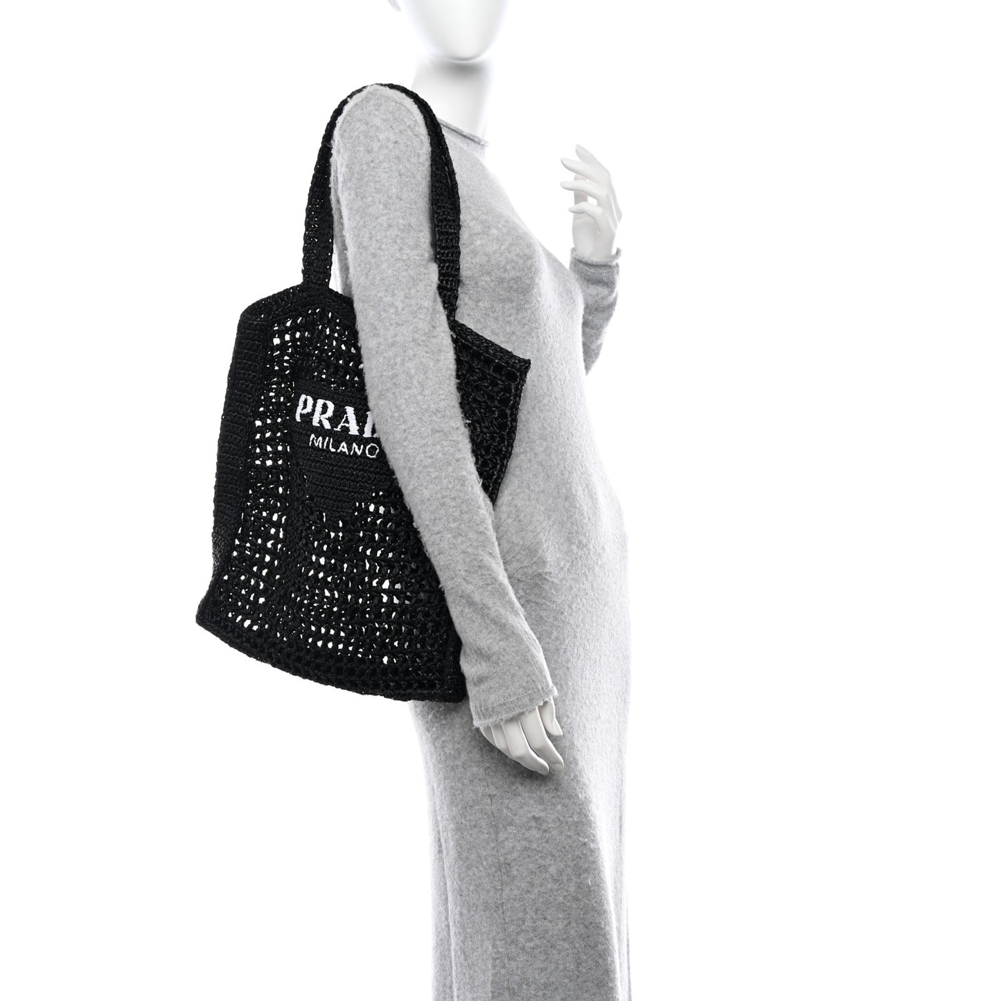 Yarn Raffia Effect Crochet Logo Embroidered Tote Bag Black