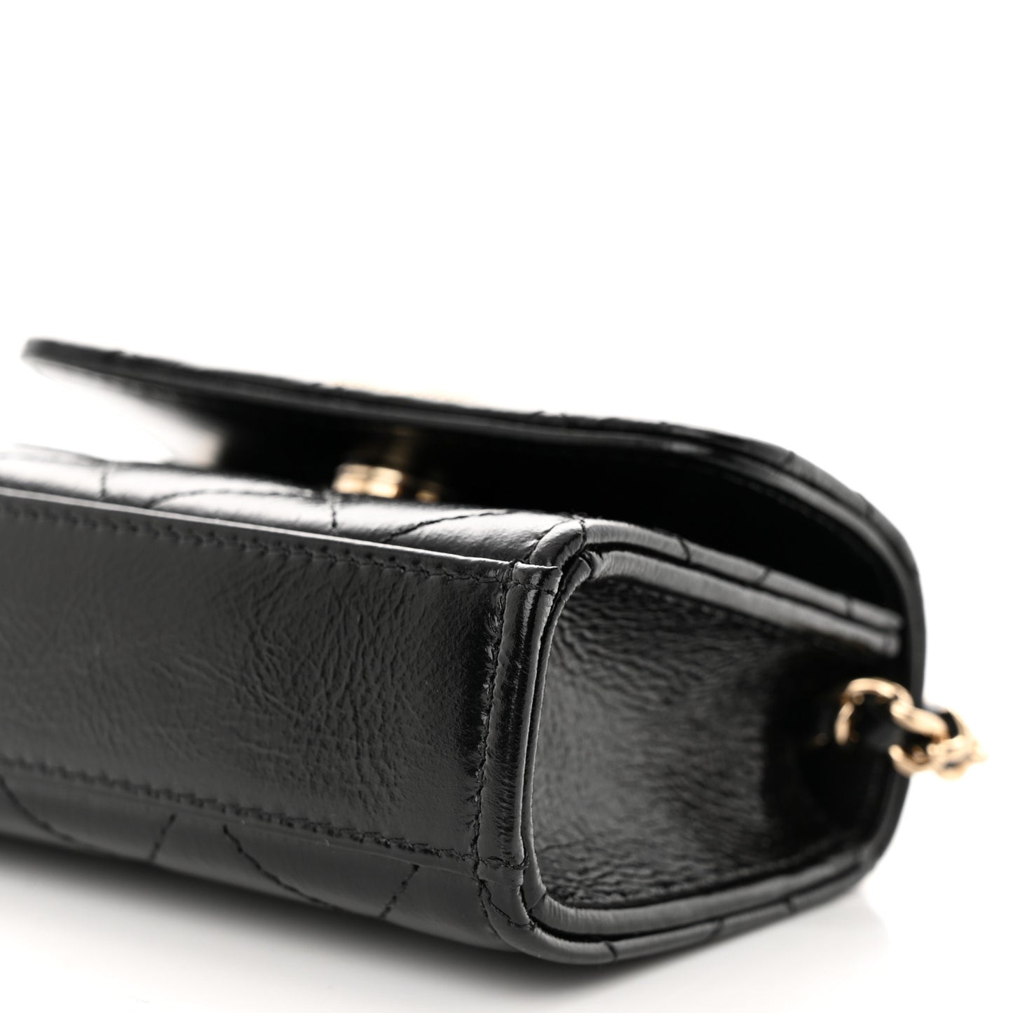 Shiny Crumpled Lambskin Quilted Pearl Small Top Handle Clutch With Chain Black