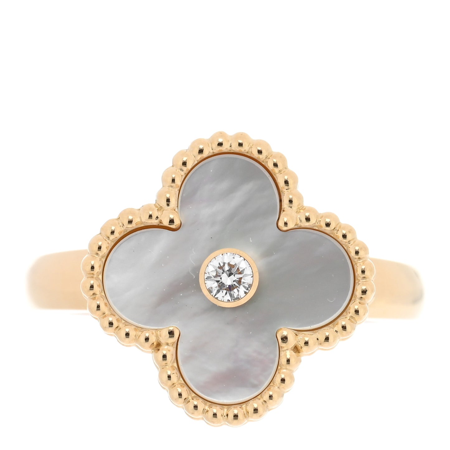 18K Yellow Gold Diamond Mother of Pearl Vintage Alhambra Ring 54 6.75