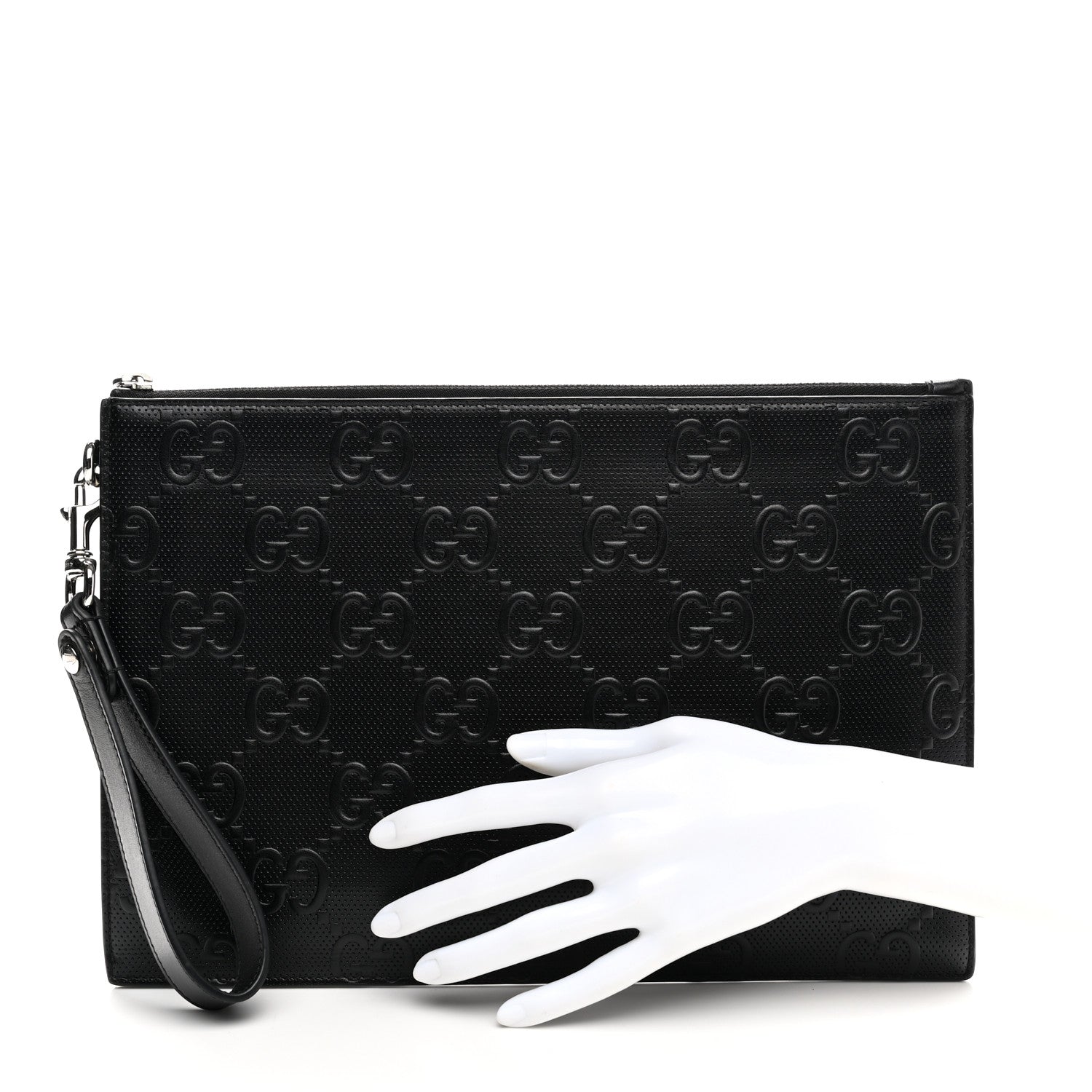 Gucci Calfskin GG Tennis Embossed Wristlet Pouch Black 2 of 9