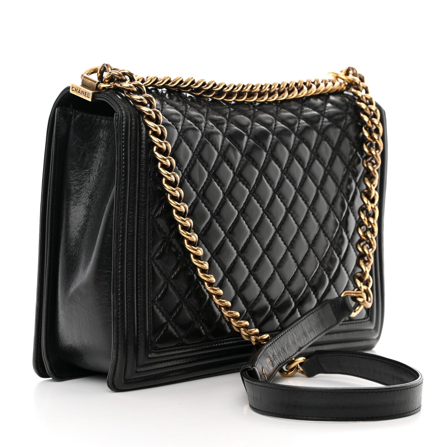 Glazed Calfskin Quilted Large Boy Flap Black