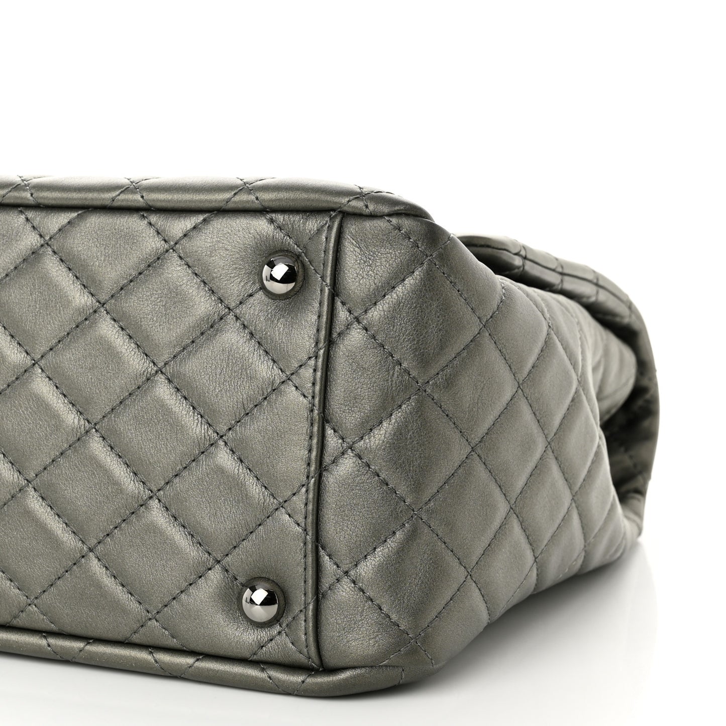 Metallic Calfskin Quilted XXL Travel Flap Bag Dark Silver