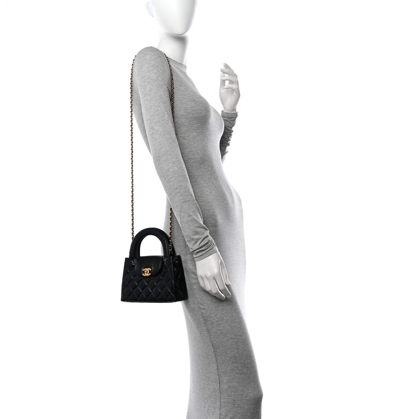 Shiny Aged Calfskin Quilted Nano Kelly Shopper Black