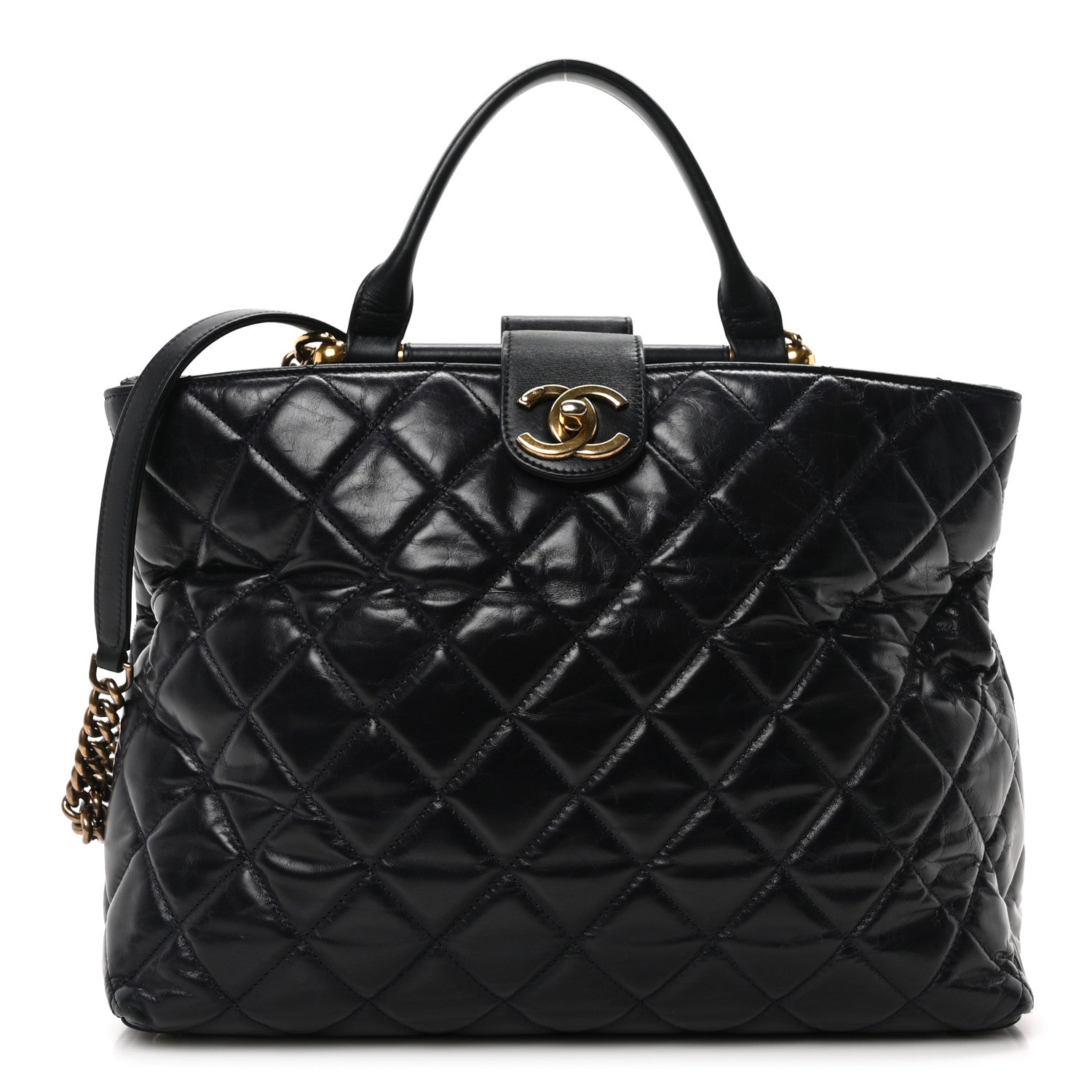Chanel Calfskin Quilted Large Gold Bar Top Handle Tote Dark Navy
