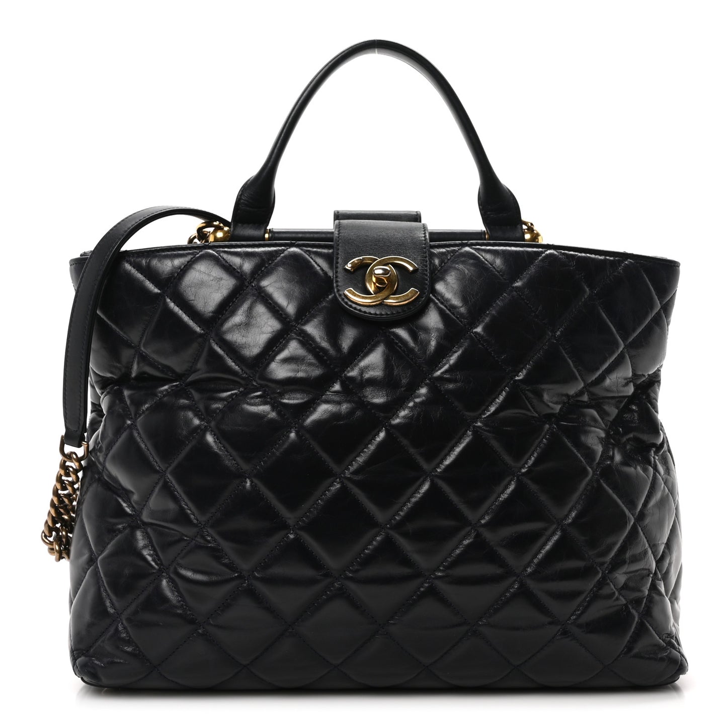Calfskin Quilted Large Gold Bar Top Handle Tote Dark Navy Blue