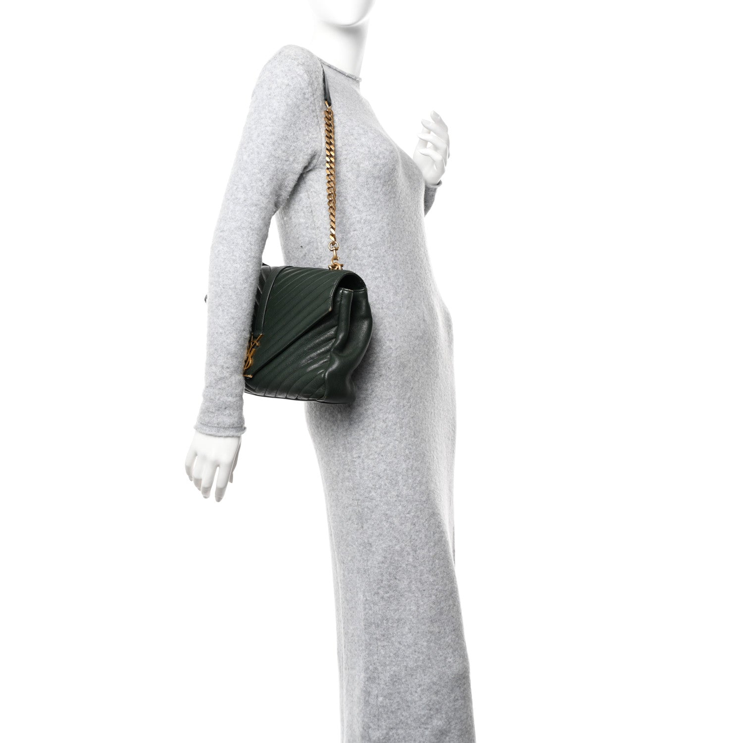 Saint Laurent Sheepskin Matelasse Chevron Monogram Large College Satchel Dark Green 2 of 10
