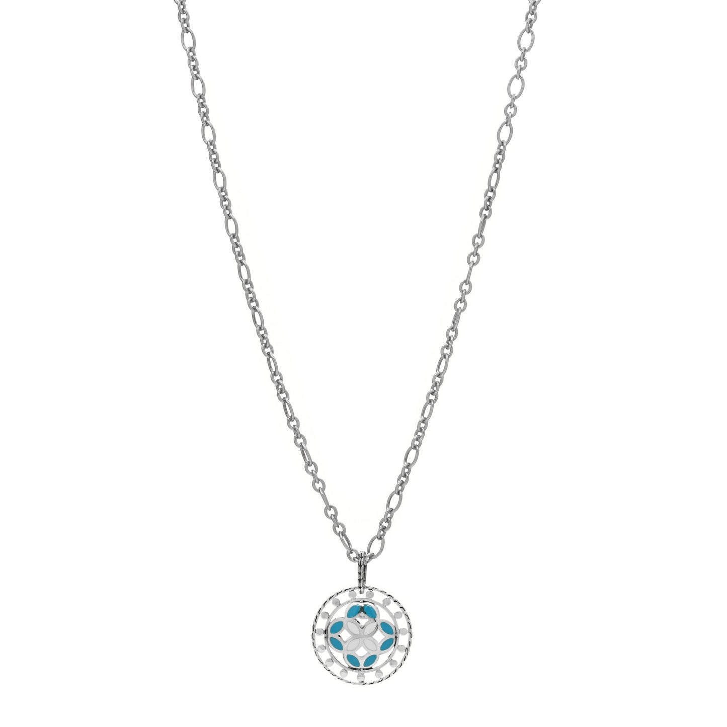 Sterling Silver Enamel Kawung Round Pendant Necklace Blue