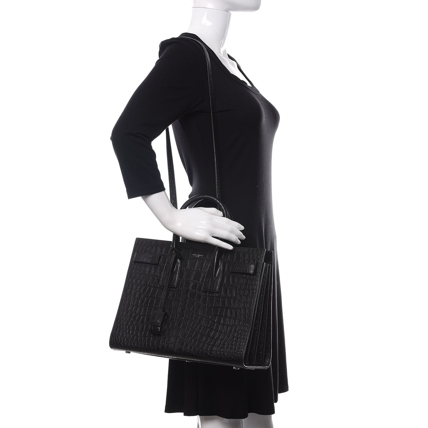 Calfskin Crocodile Embossed Small Sac de Jour Black
