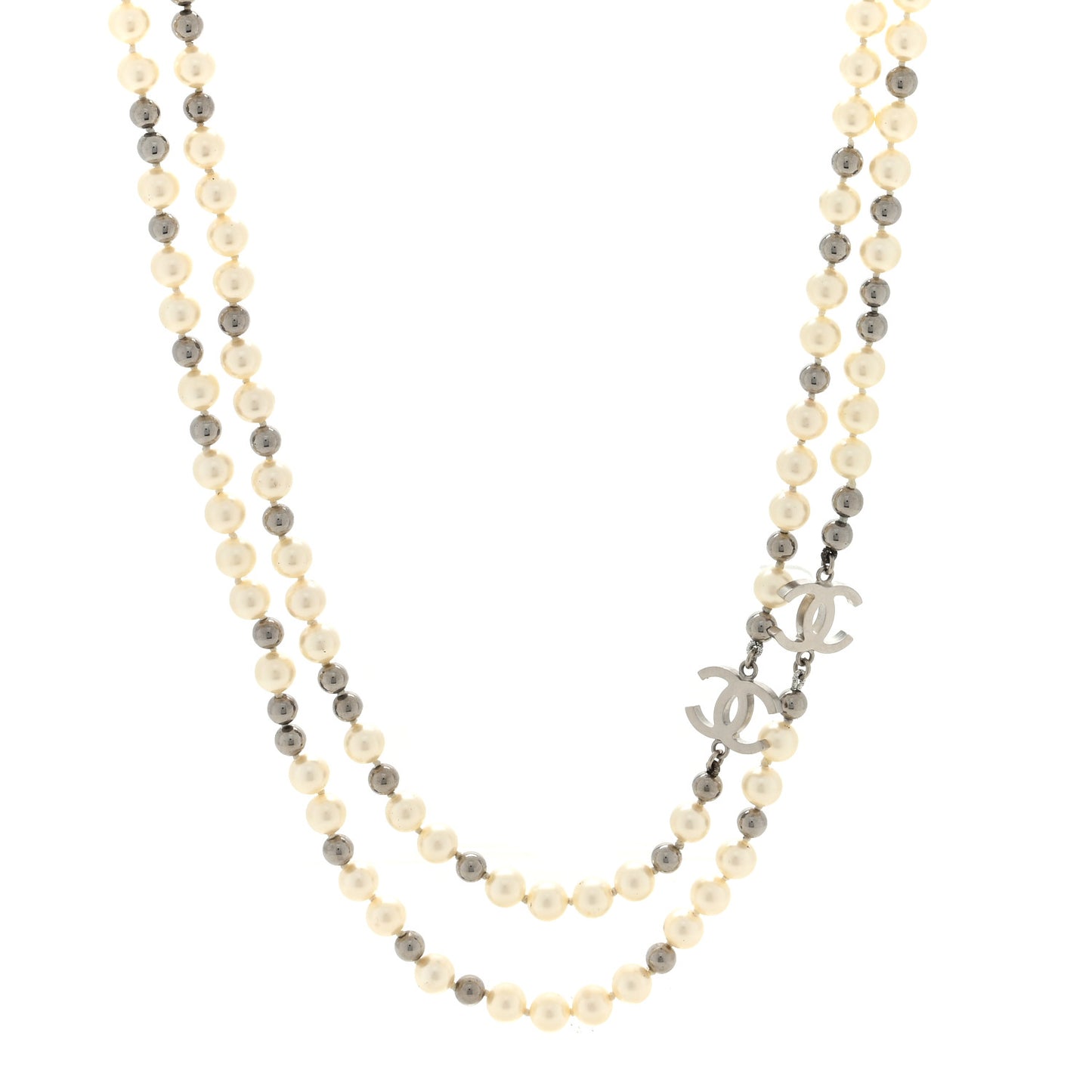 Pearl Bead CC Long Necklace Silver