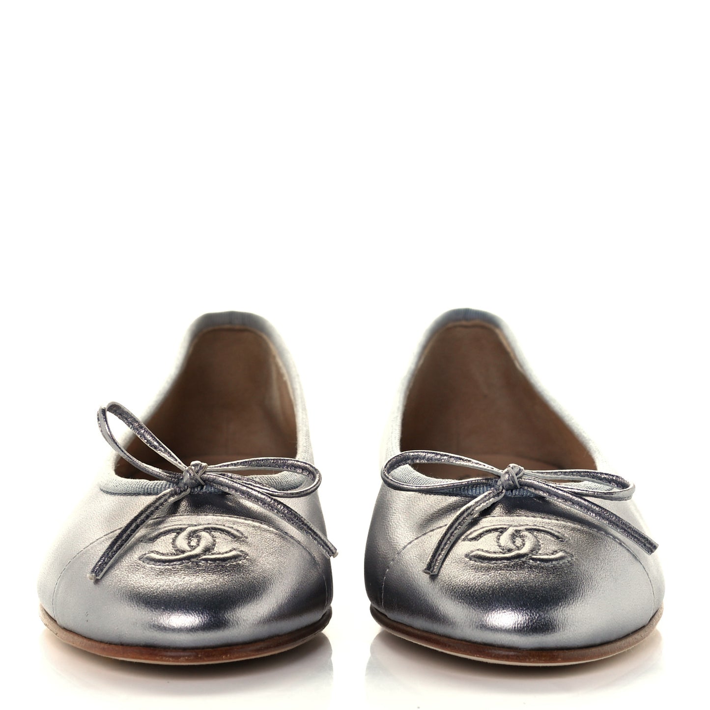 Metallic Lambskin CC Cap Toe Ballerina Flats 37 Silver