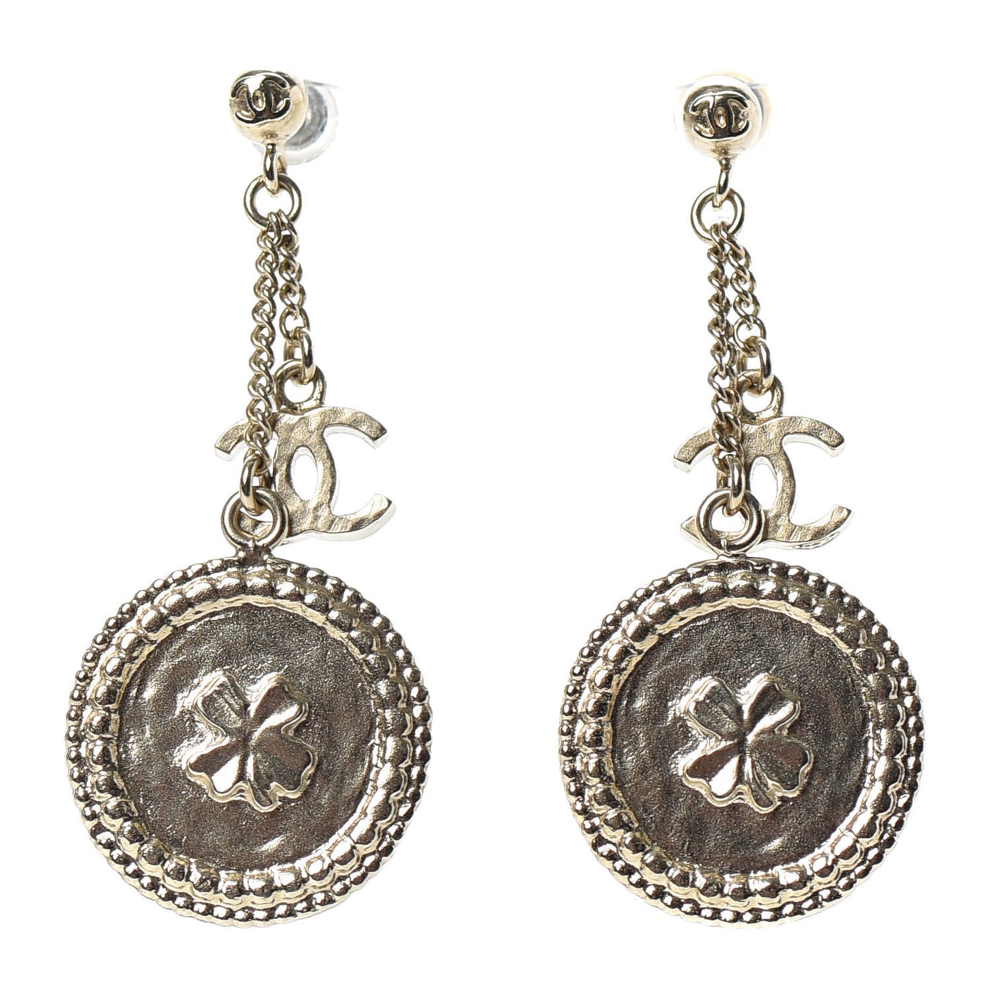Medallion Clover CC Drop Earrings Light Gold