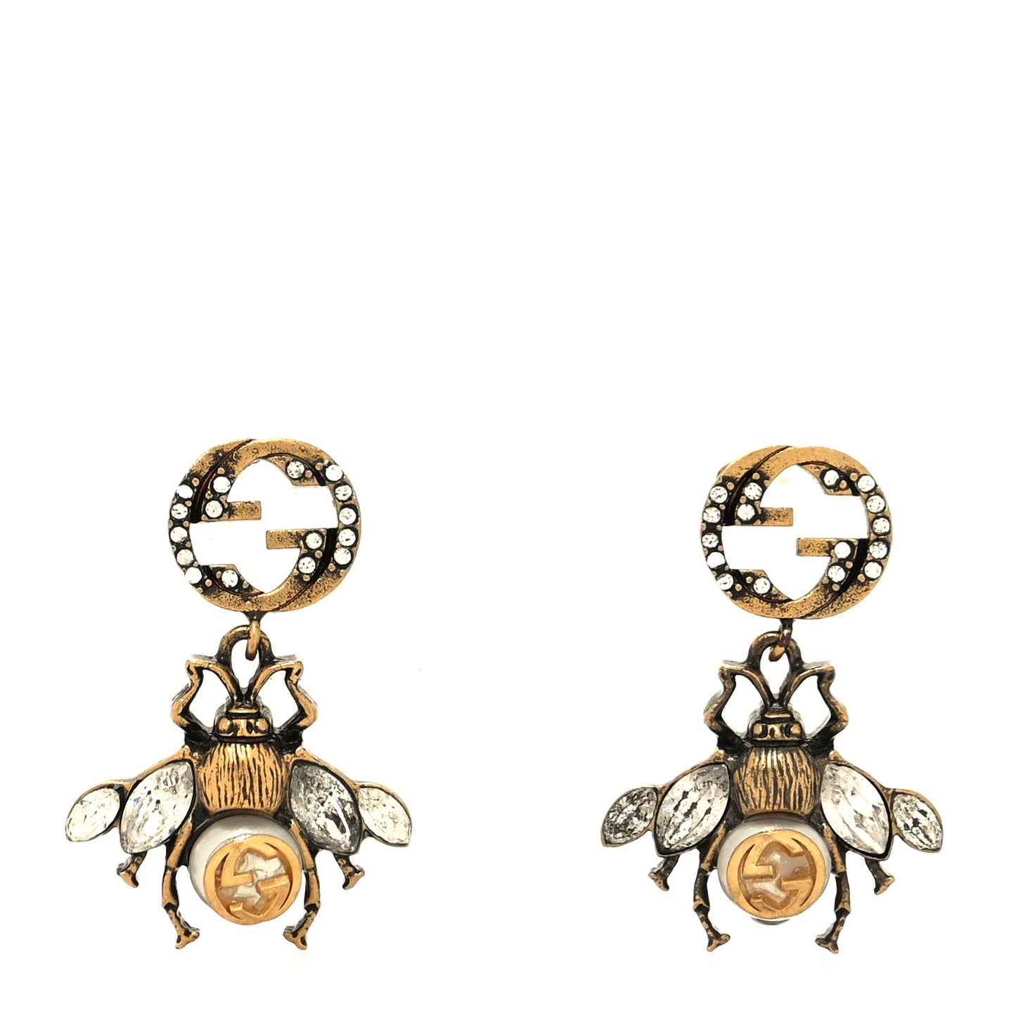 Crystal Pearl GG Drop Bee Earrings Gold