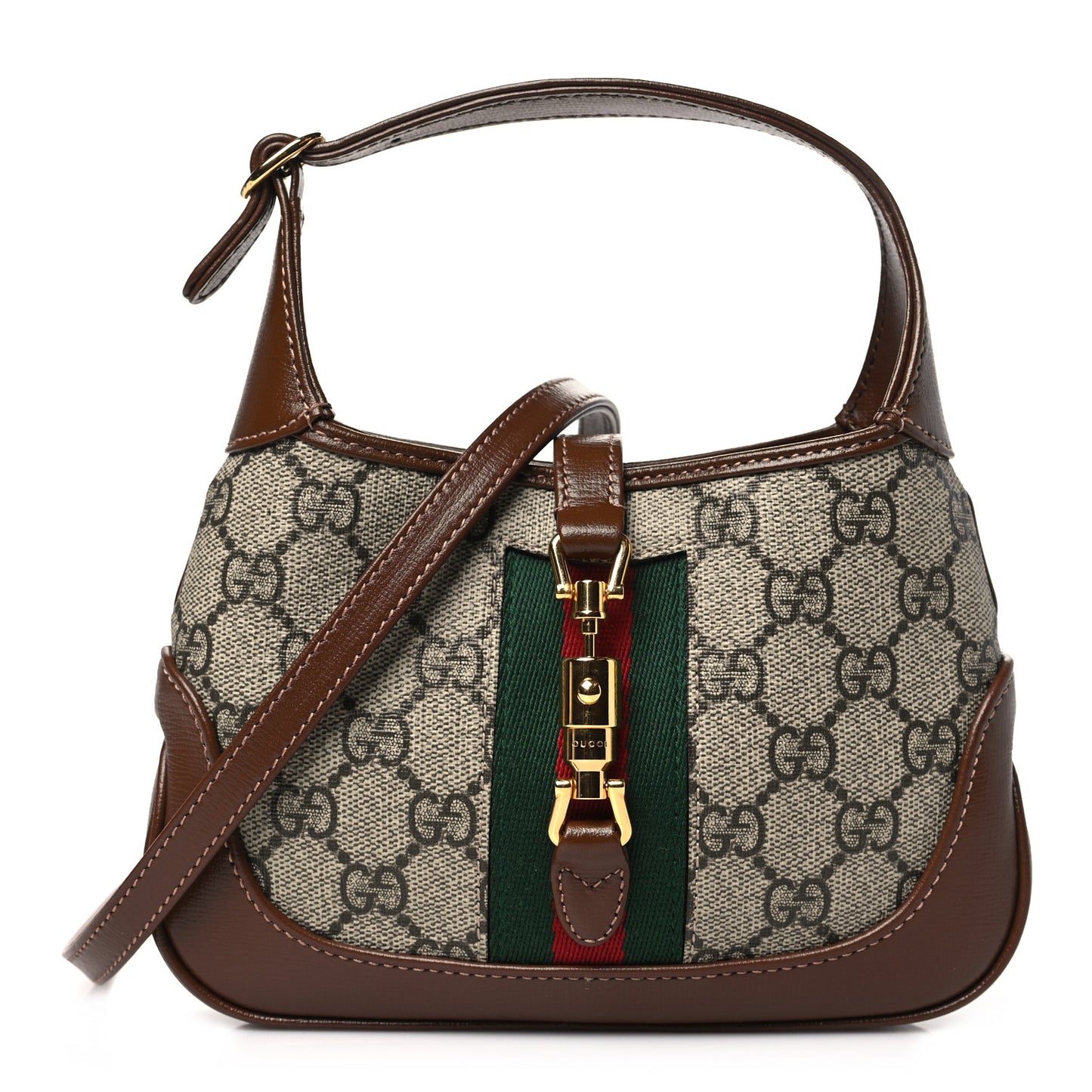 GG Supreme Monogram Azalea Calfskin Web Mini Jackie 1961 Hobo Beige Ebony Brown Sugar