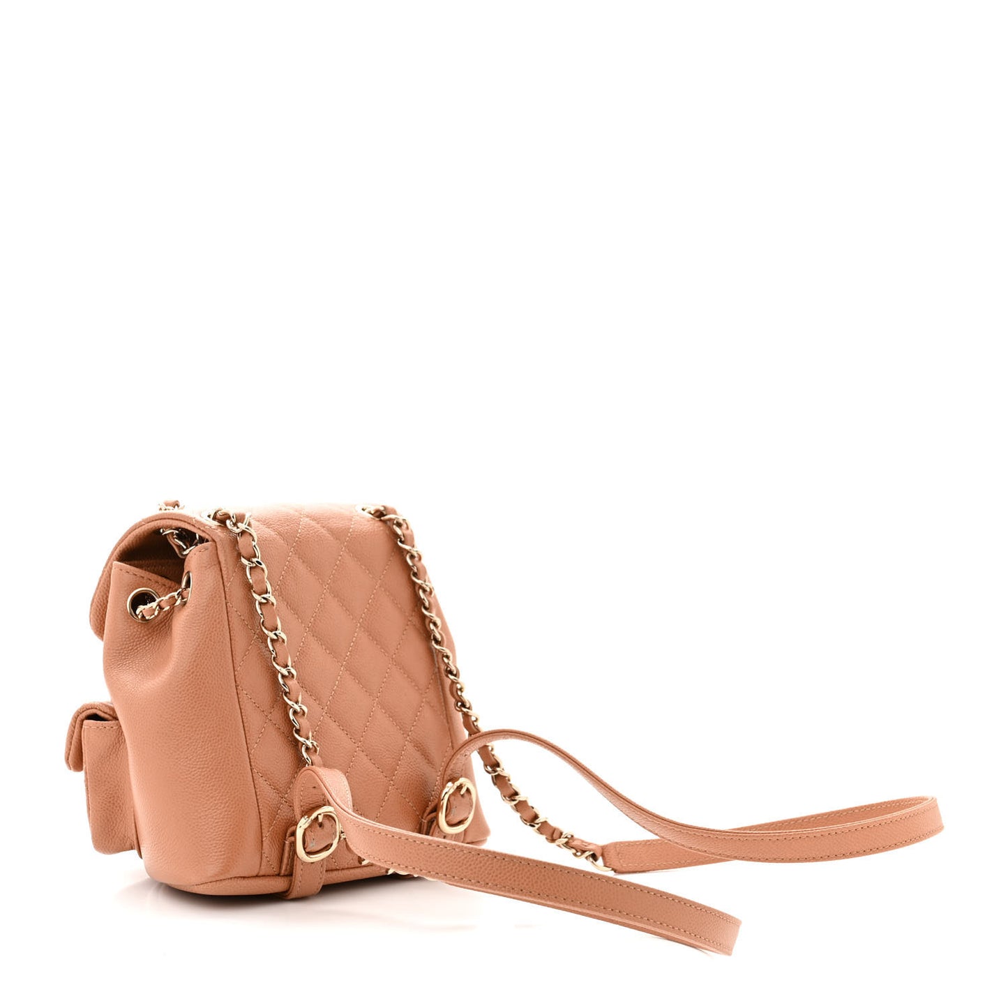 Shiny Caviar Quilted Small Duma Pockets Drawstring Backpack Dark Beige