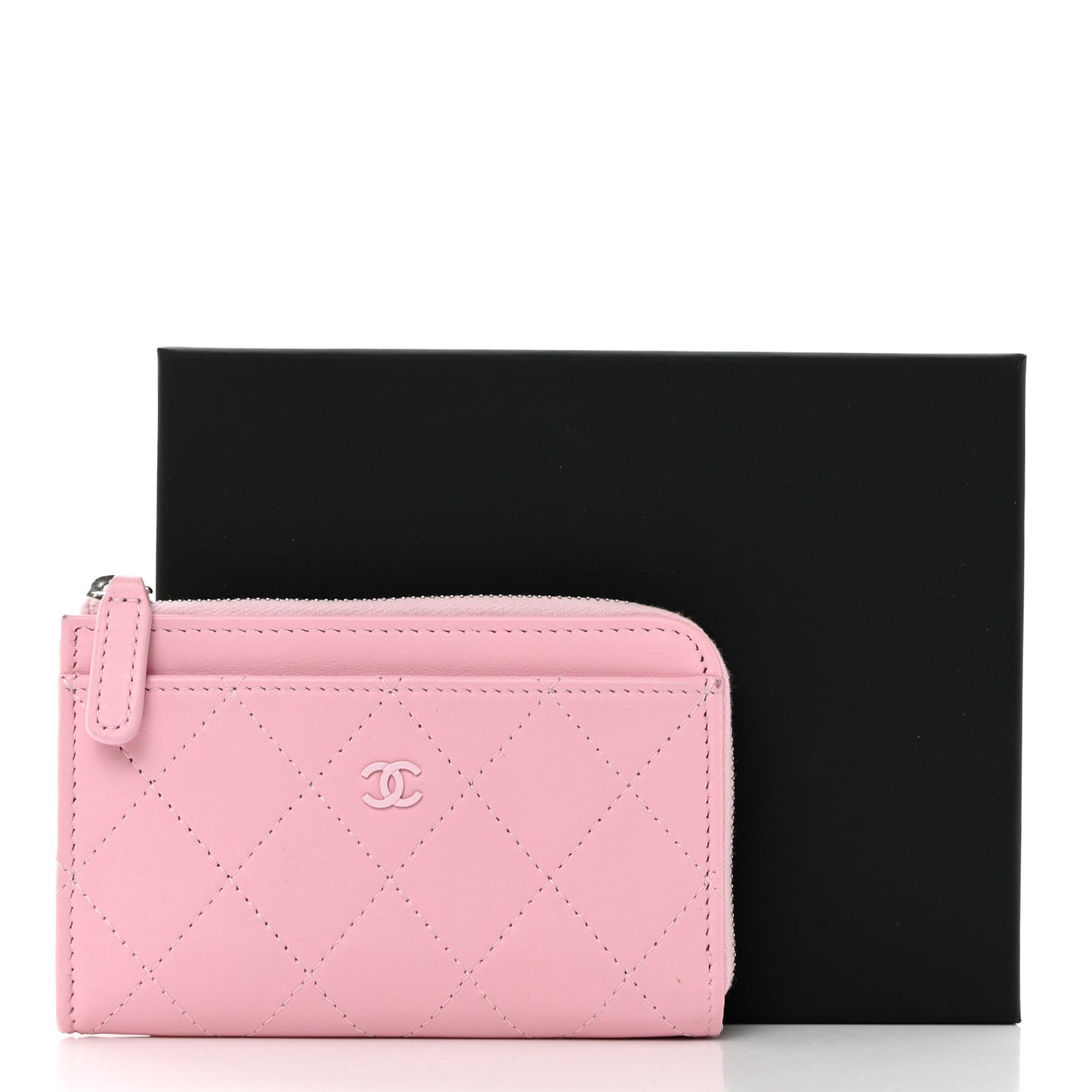 Lambskin Quilted Zip Card Holder Pink