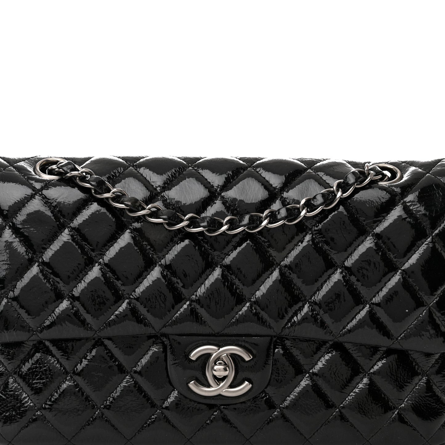 Distressed Patent Quilted Medium Double Flap Black