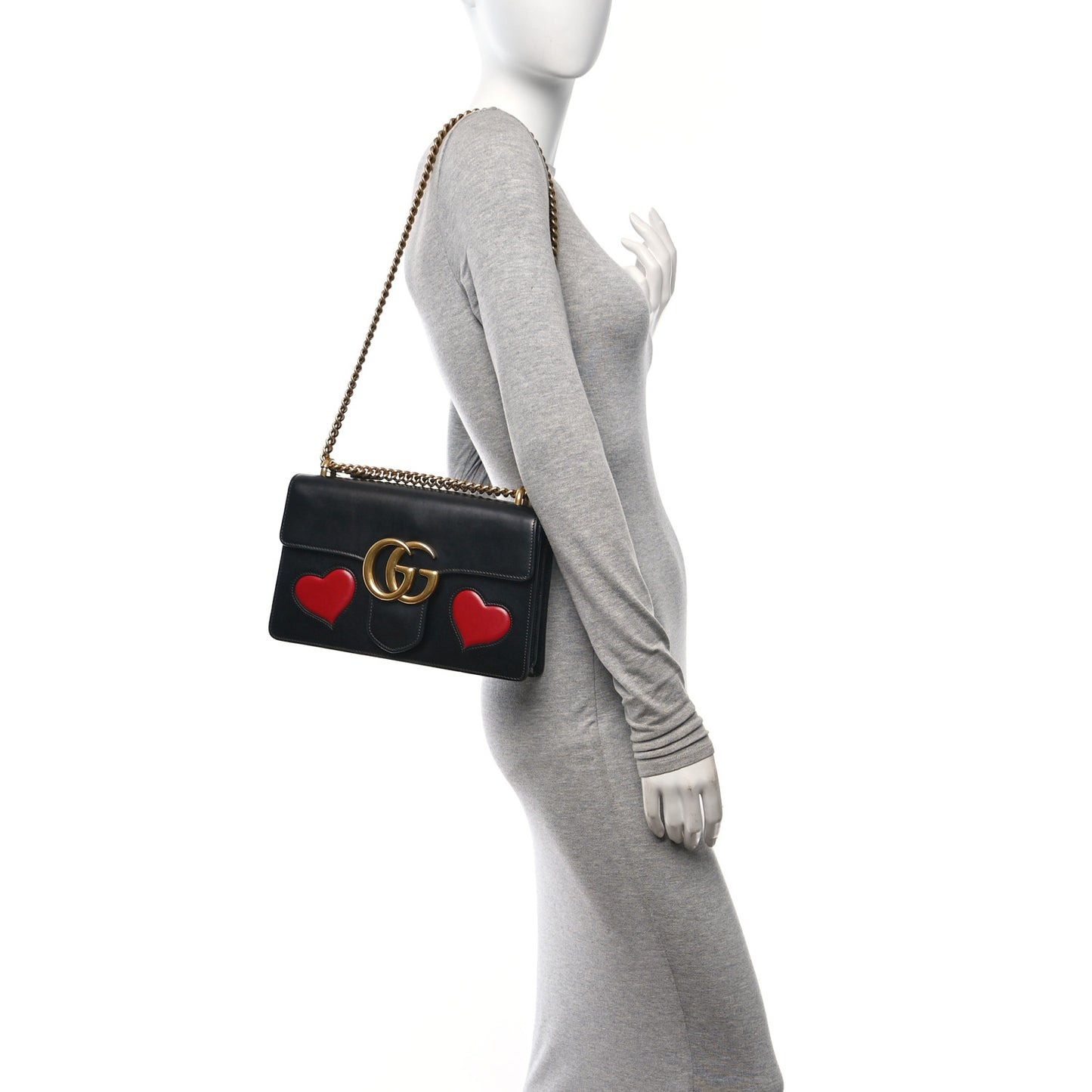 Knight Calfskin Malaga Kid Heart Medium GG Marmont Chain Handle Bag Black Hibiscus Red Multicolor