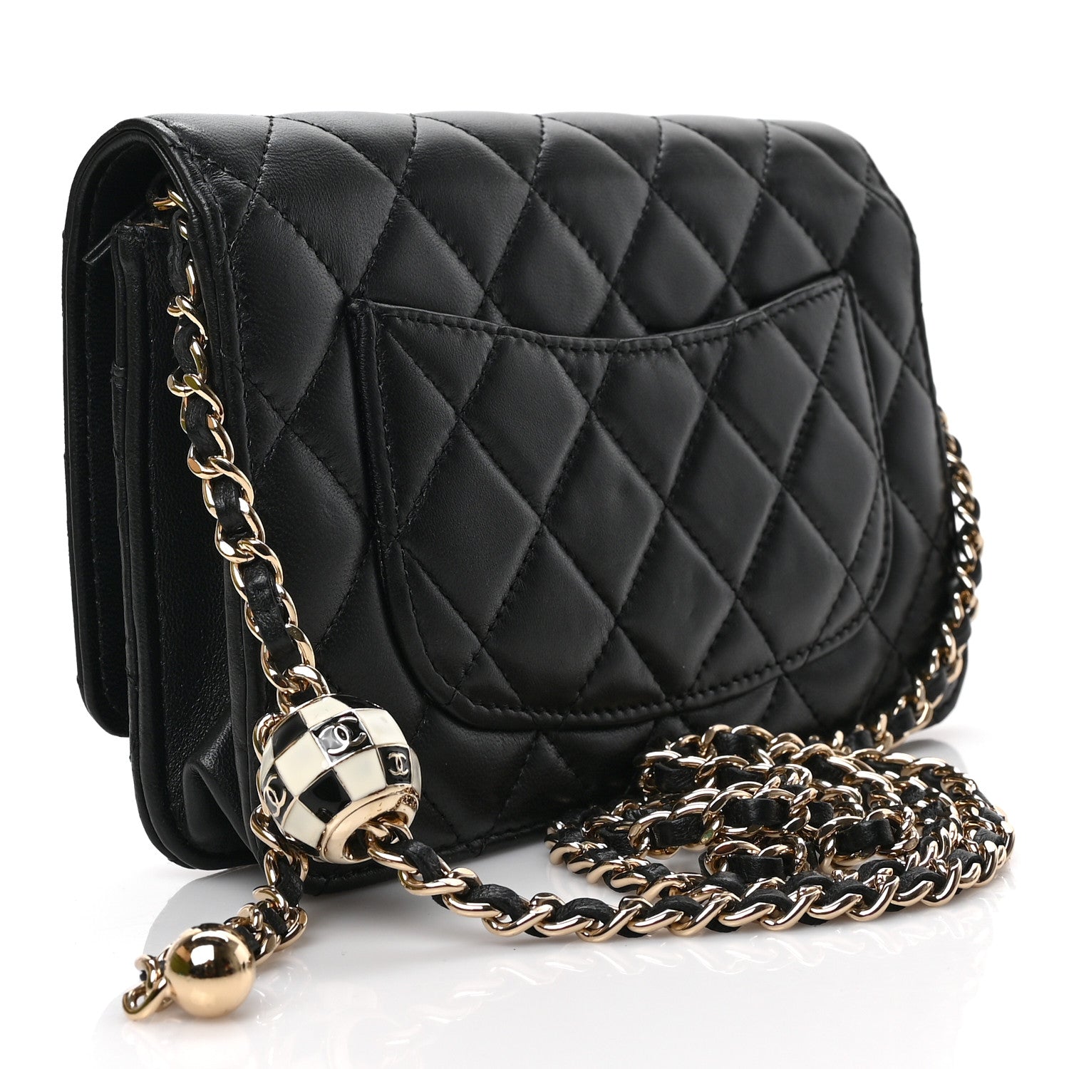 Chanel Lambskin Enamel Quilted Pearl Crush Wallet On Chain WOC Black 3 of 9