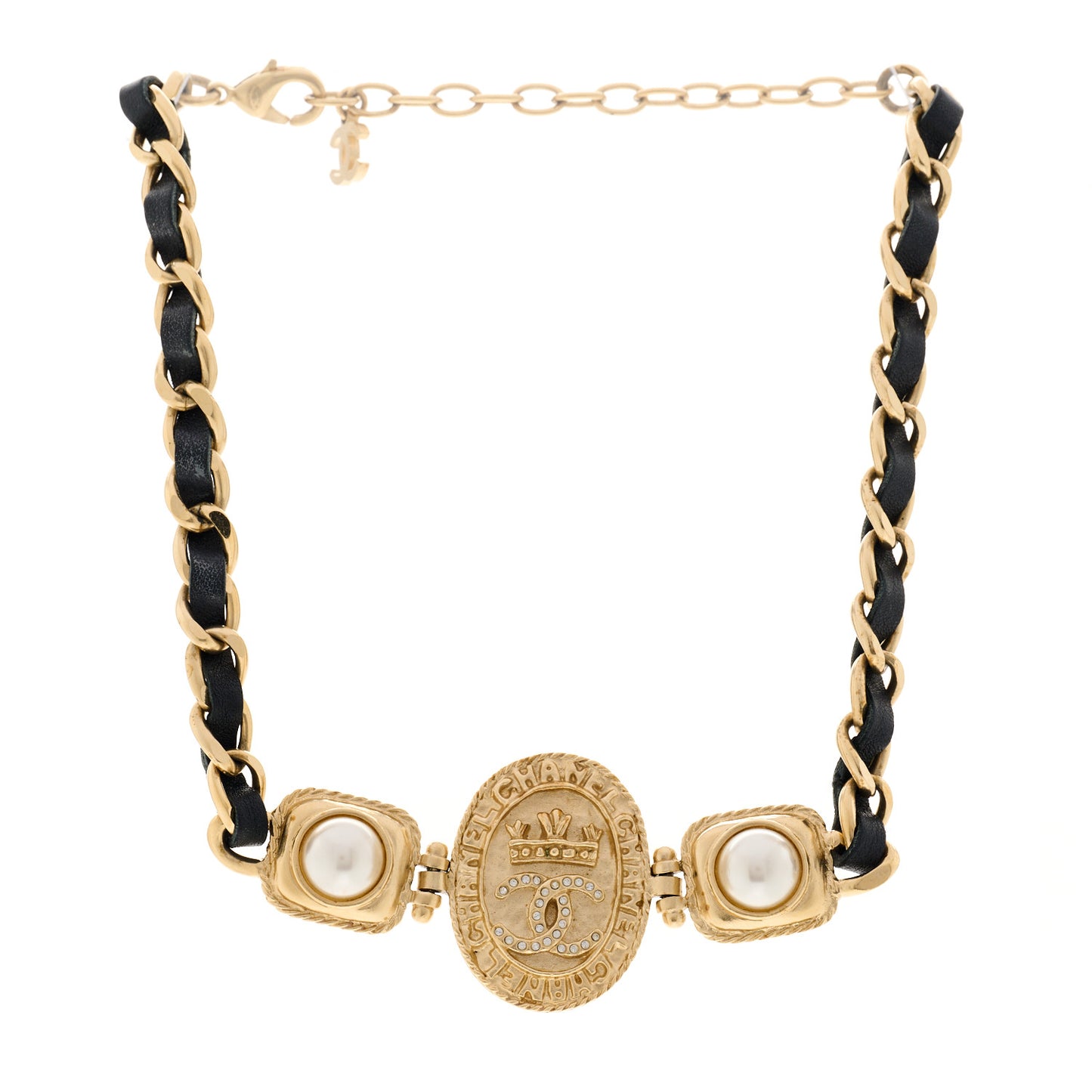 Lambskin Pearl CC Oval Shield Choker Necklace Gold Black