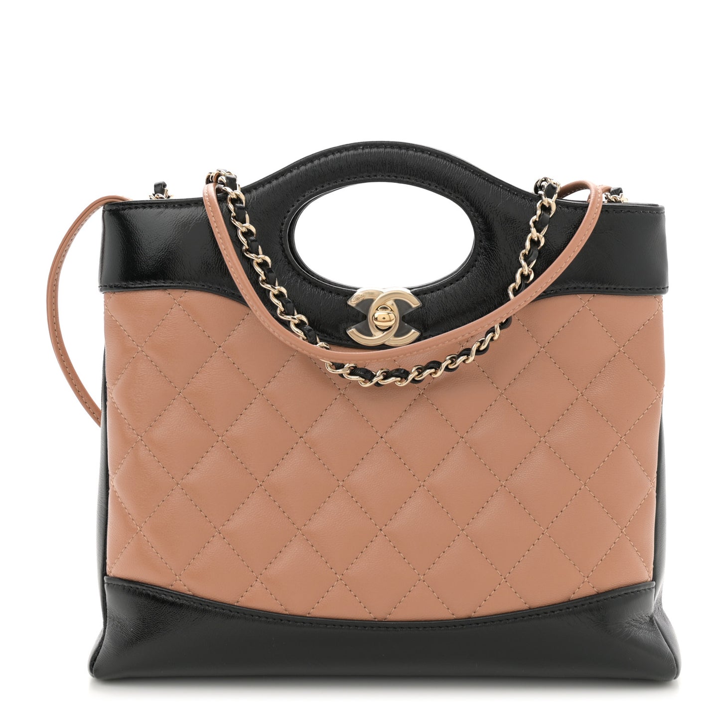 Shiny Crumpled Calfskin Quilted Mini 31 Shopping Bag Dark Beige Black