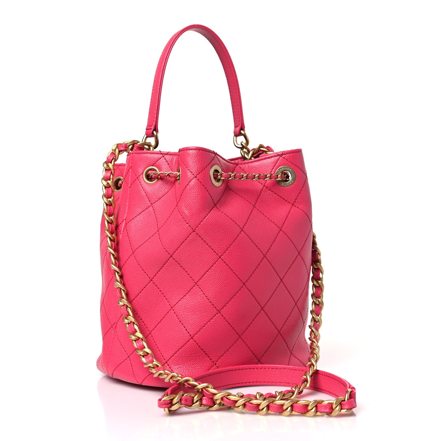 Caviar Quilted Fashion Therapy Bucket Drawstring Bag Dark Pink