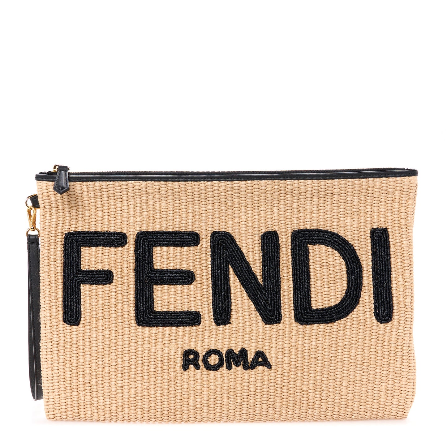 Straw Vitello King Logo Woven Large Flat Pouch Paglia Black