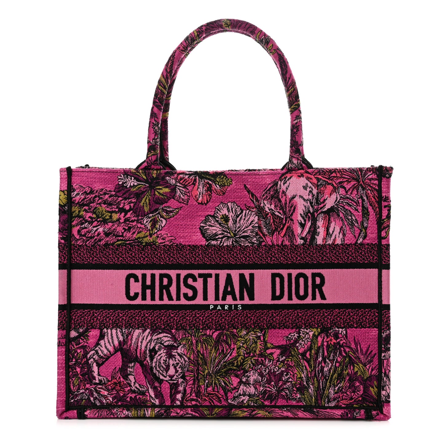 Canvas Embroidered Medium Toile de Jouy Voyage Book Tote Fuchsia Multicolor