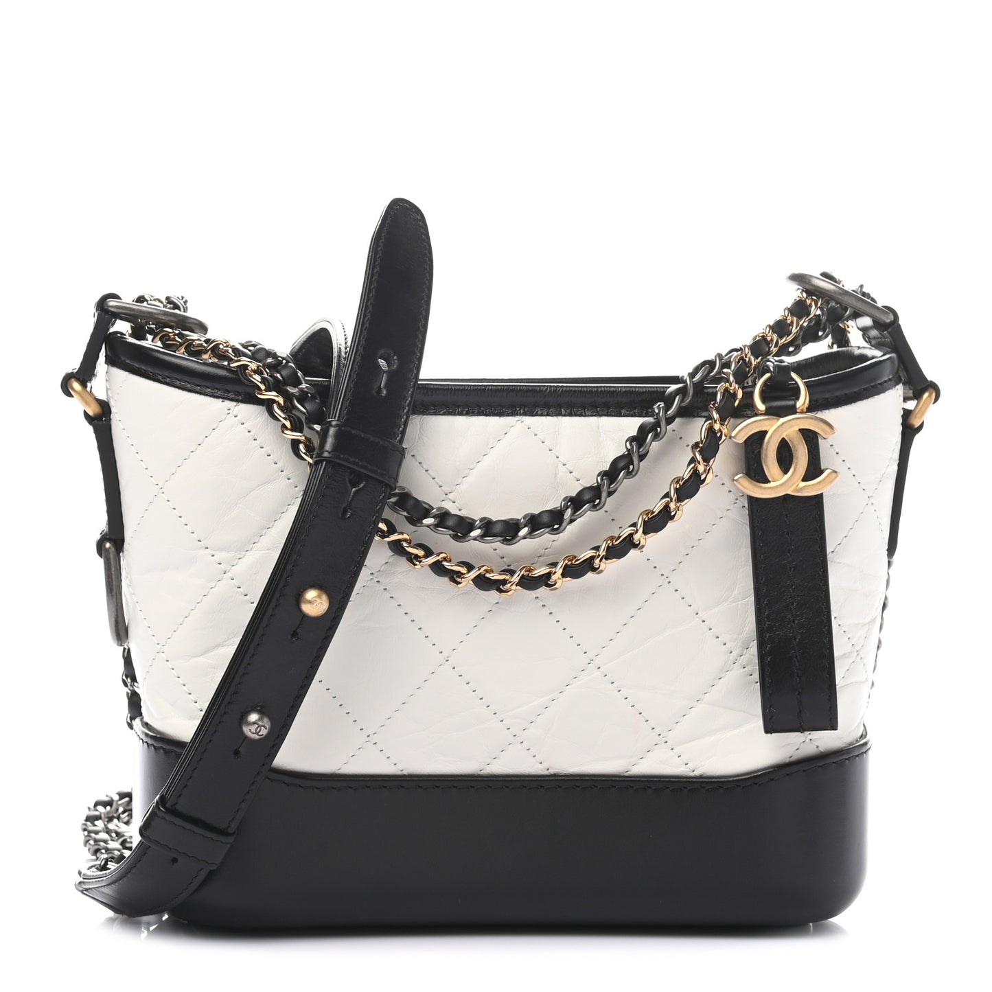 Aged Calfskin Quilted Small Gabrielle Hobo Black White