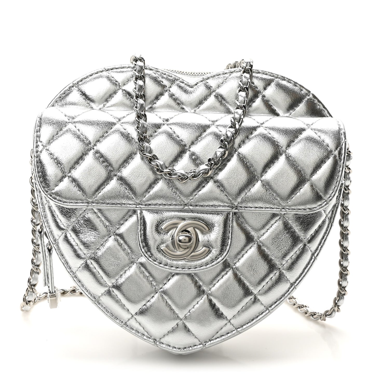 Metallic Lambskin Quilted CC In Love Heart Bag Silver