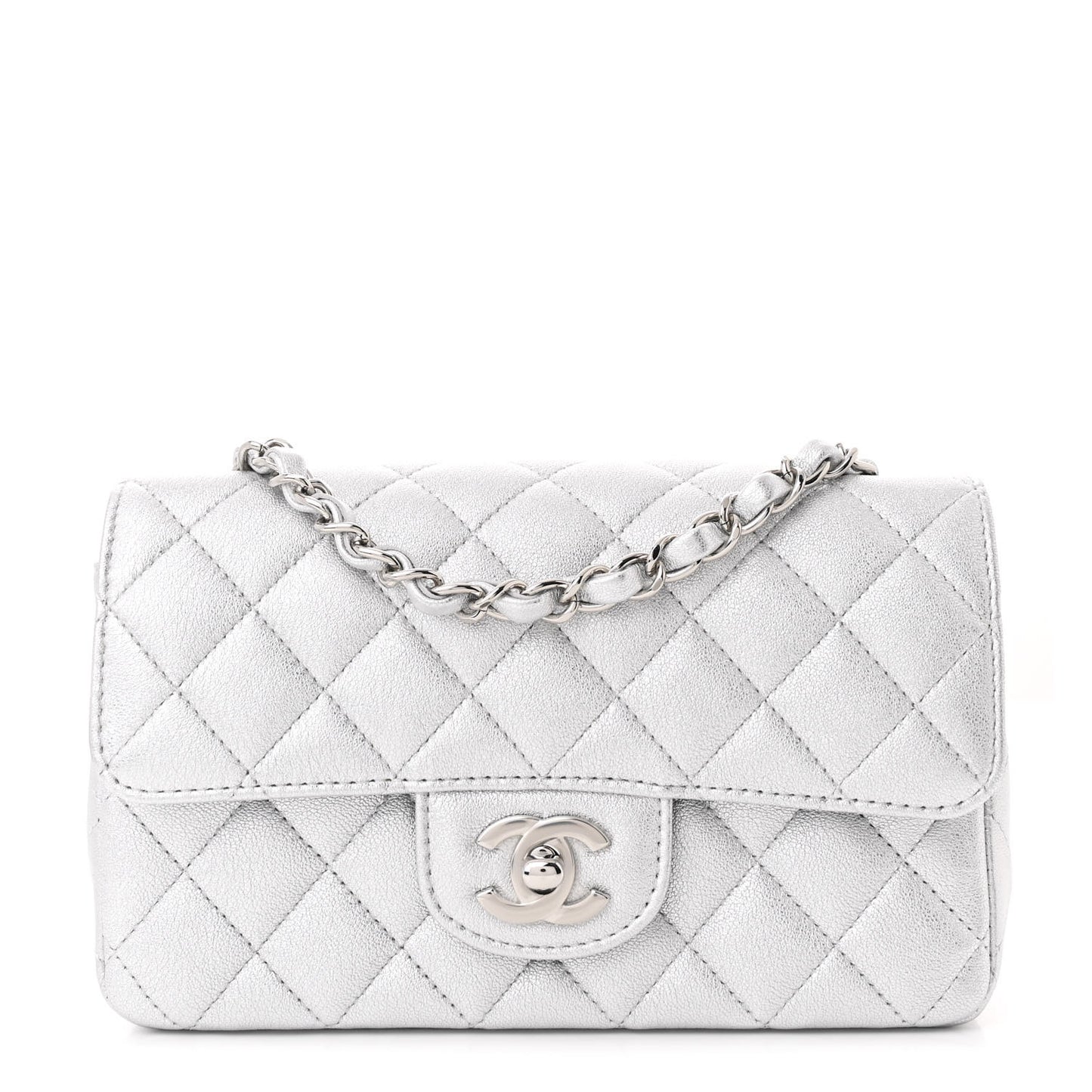 Metallic Calfskin Quilted Mini Rectangular Flap Silver