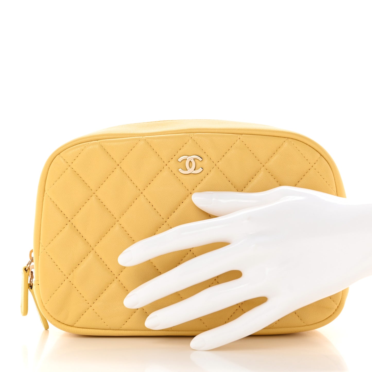 Lambskin Quilted Curvy Pouch Cosmetic Case Yellow