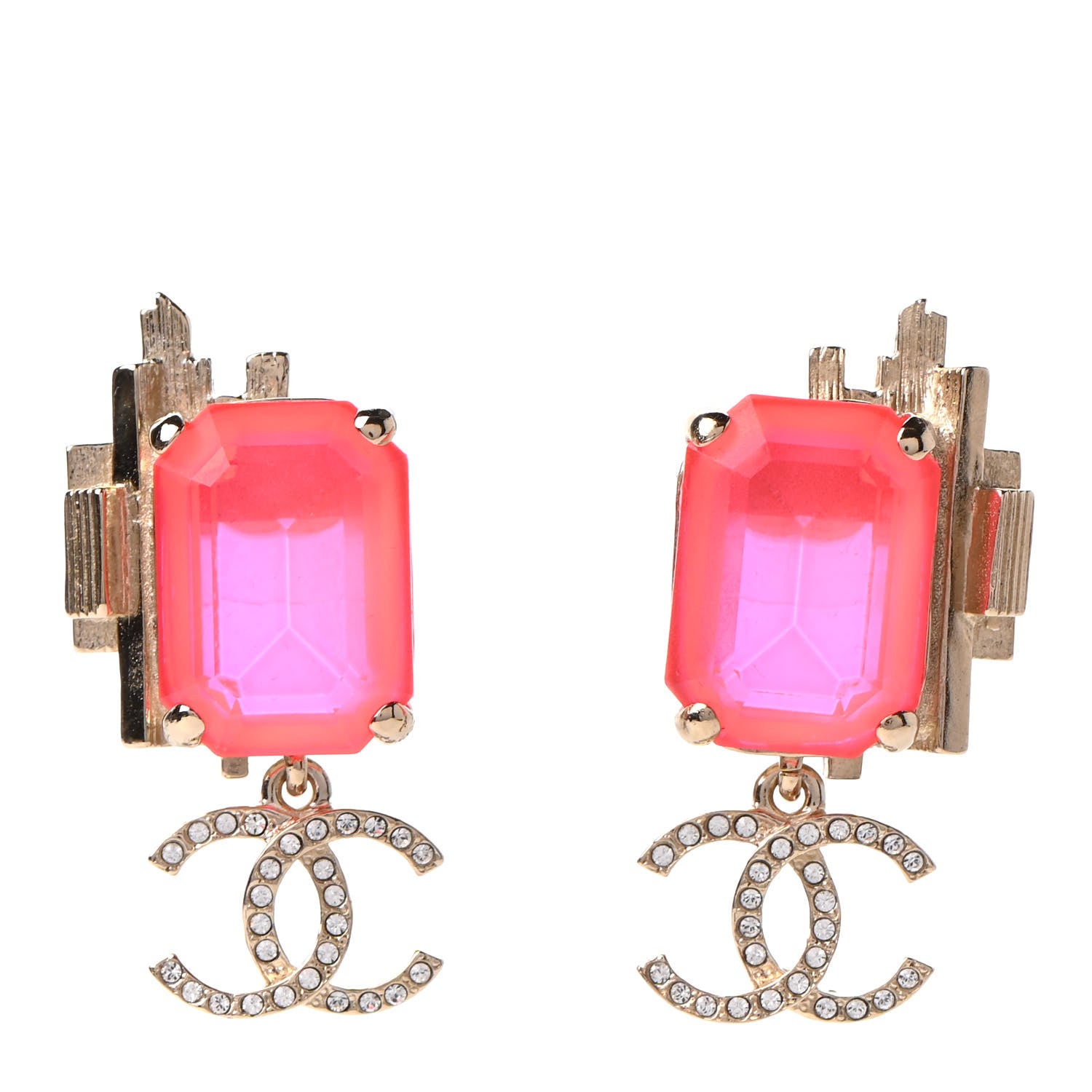 Chanel Metal Crystal CC Earrings Gold Pink 1 of 5